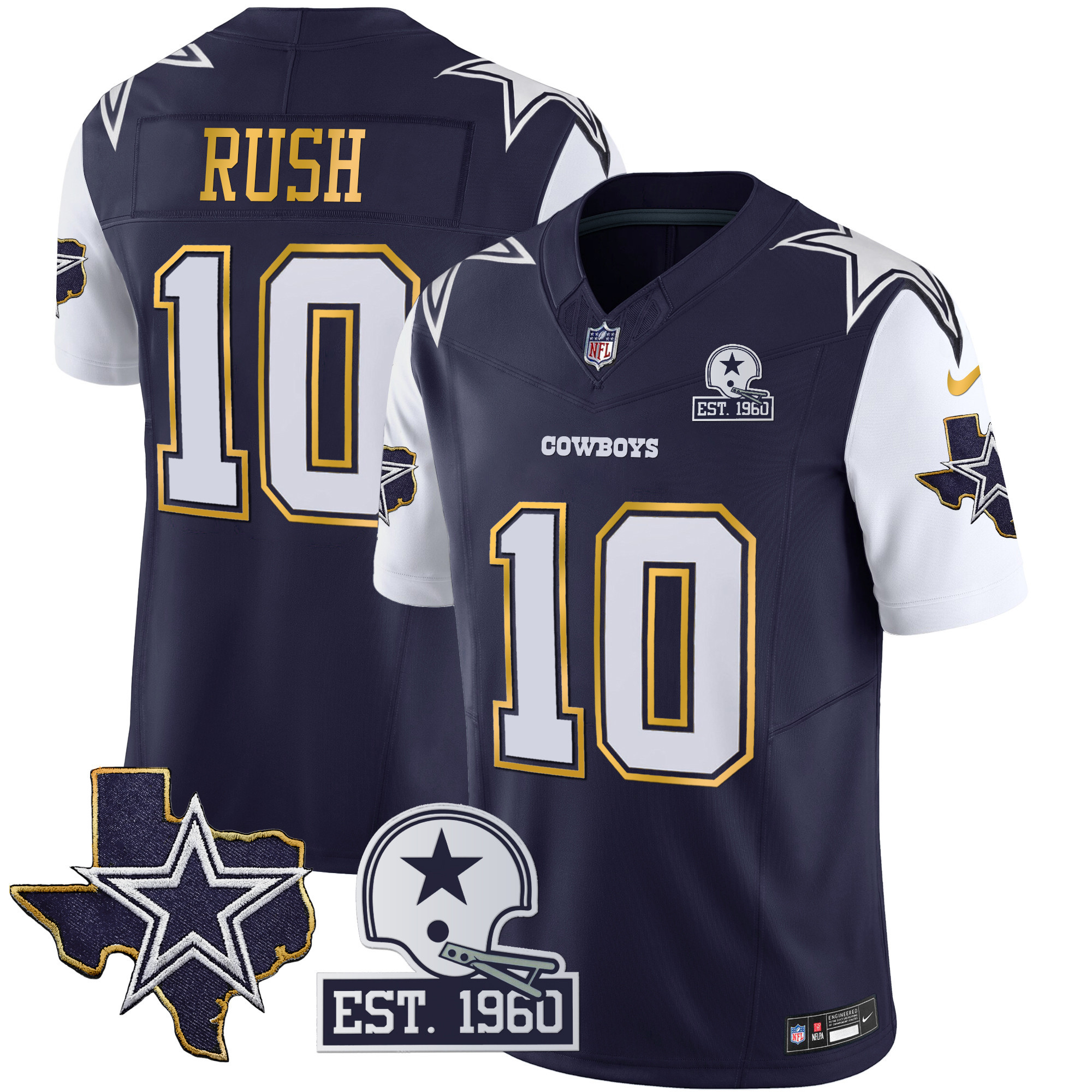 Cooper Rush Men's Dallas Cowboys Texas Patch Gold Trim Vapor Navy Jersey - All Stitched 