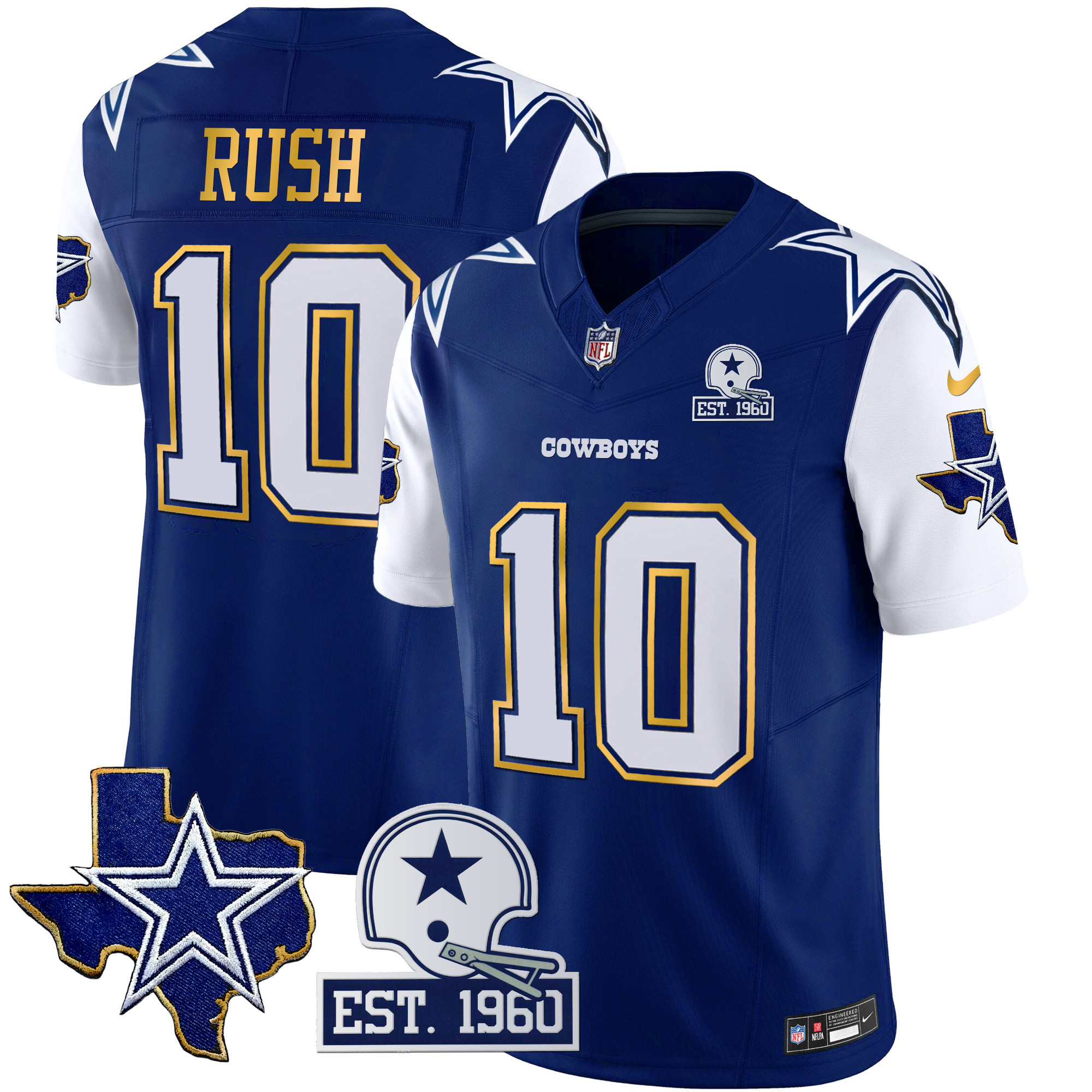 Cooper Rush Men's Dallas Cowboys Texas Patch Gold Trim Vapor Royal Jersey - All Stitched 