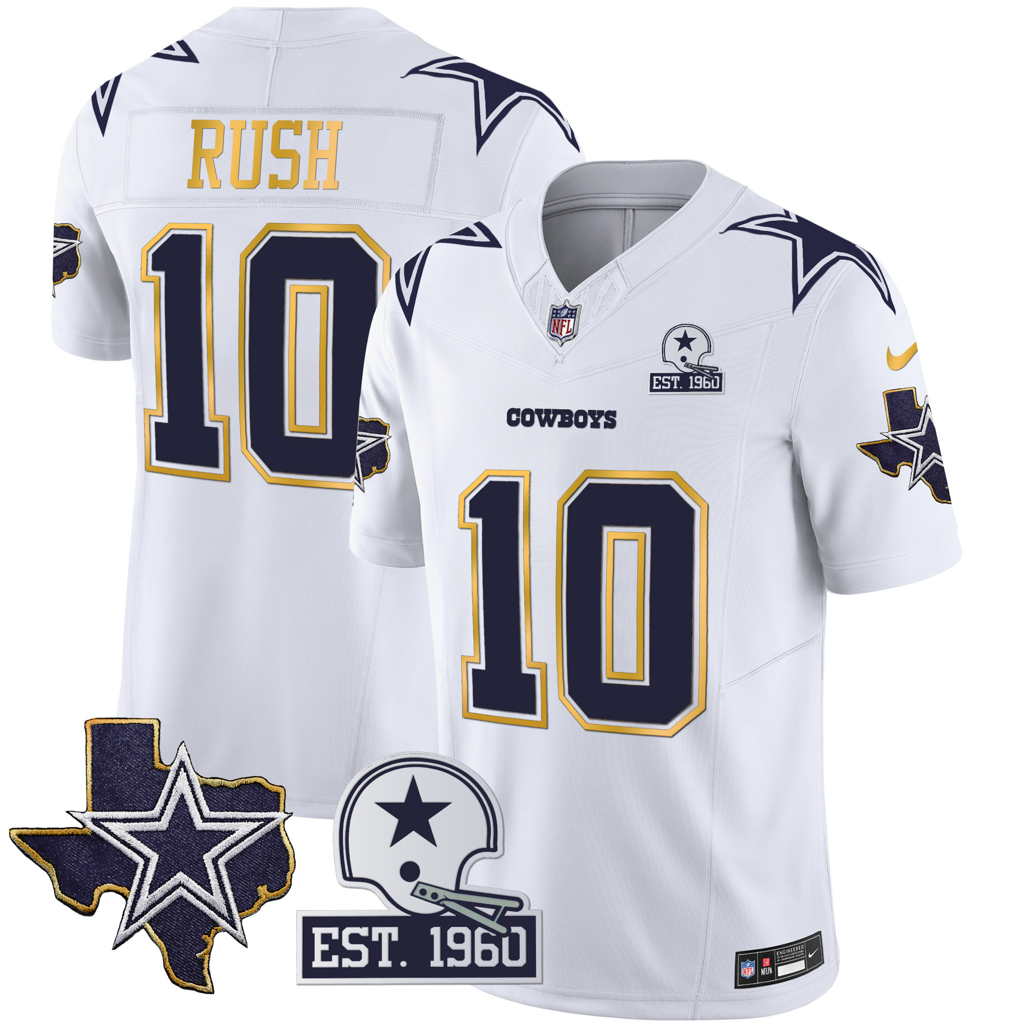 Cooper Rush Men's Dallas Cowboys Texas Patch Gold Trim Vapor White Jersey - All Stitched 