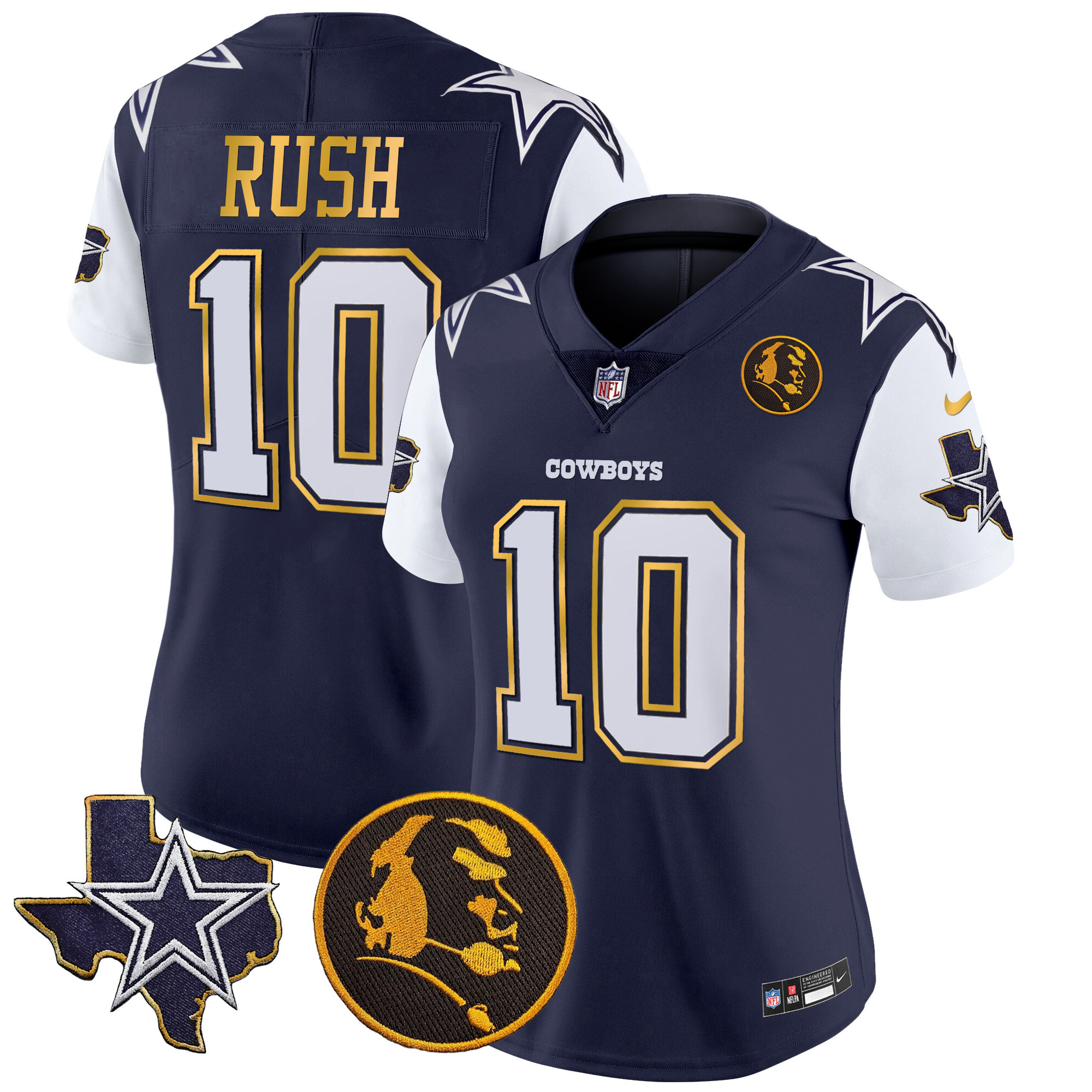 Cooper Rush Women's Dallas Cowboys Texas & John Madden Patch Gold Trim Vapor Navy Jersey - All Stitched 