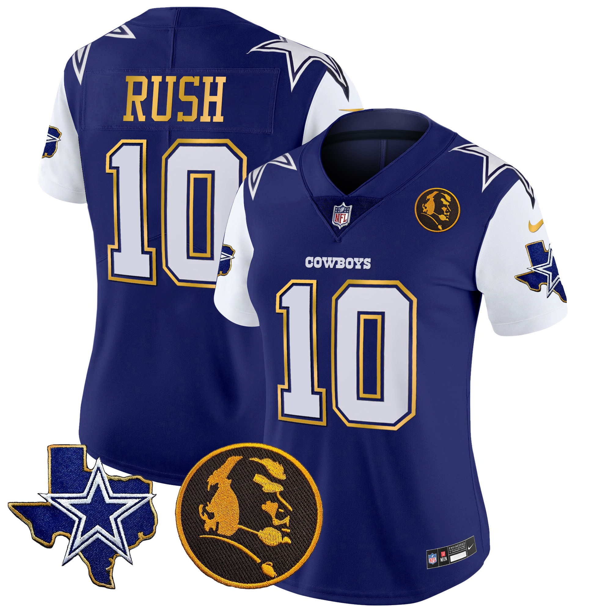 Cooper Rush Women's Dallas Cowboys Texas & John Madden Patch Gold Trim Vapor Royal Jersey - All Stitched 