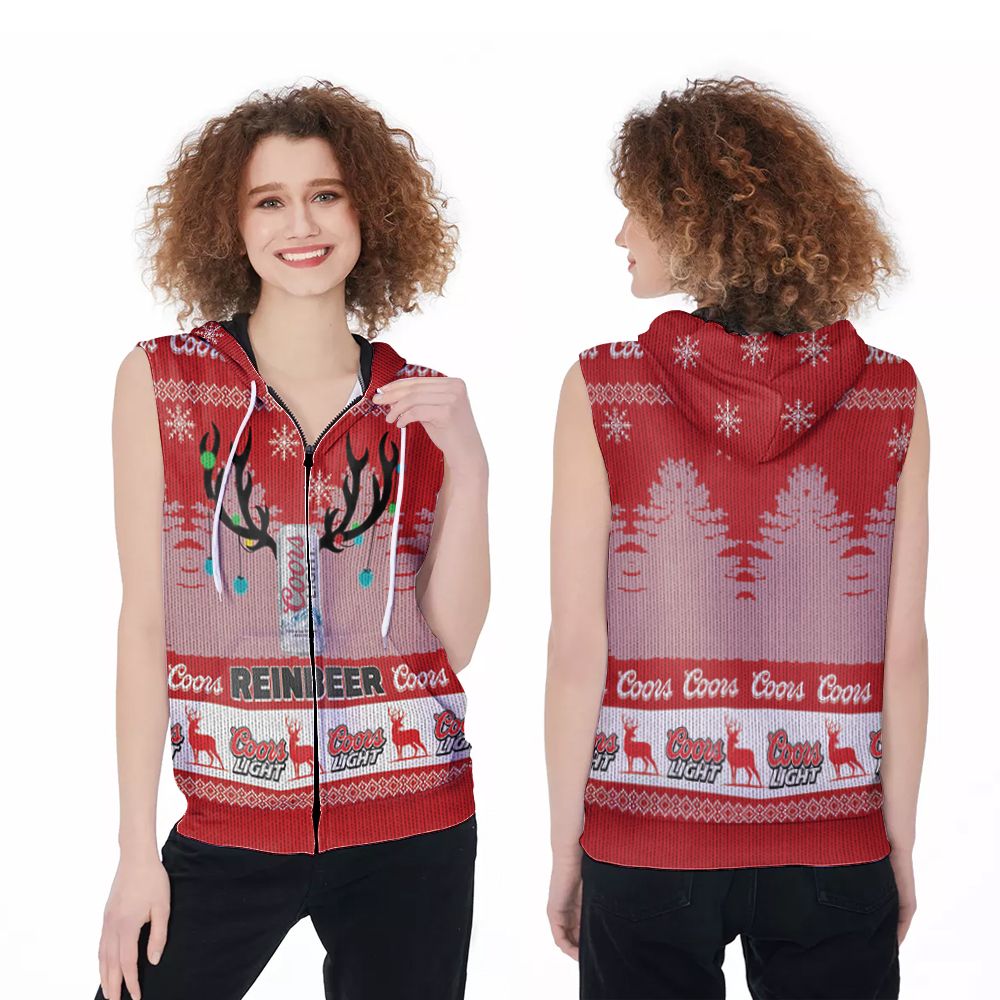 Coors Light Reinbeer Reindeer Beer Christmas Pattern 3D Printed Gift For Coors Light Christmas Lovers Zip Sleeveless Hoodie