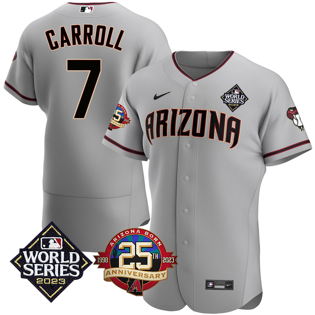 Corbin Carroll Men's Arizona Diamondbacks 2023 World Series & 25th Anniversary Patch Grey Jersey - All Stitched