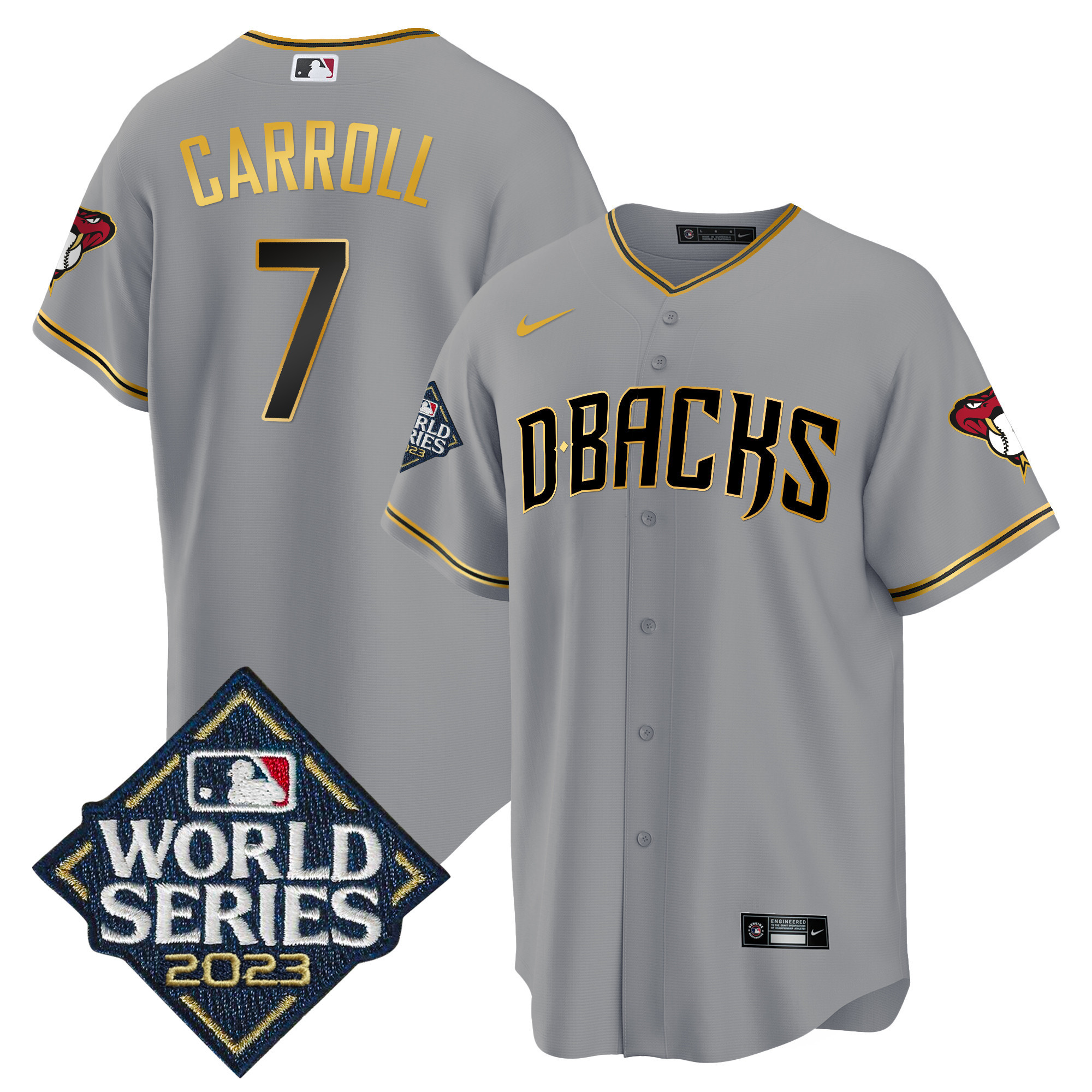 Corbin Carroll Men's Arizona Diamondbacks 2023 World Series Cool Base Gold Gray Gold Jersey - All Stitched