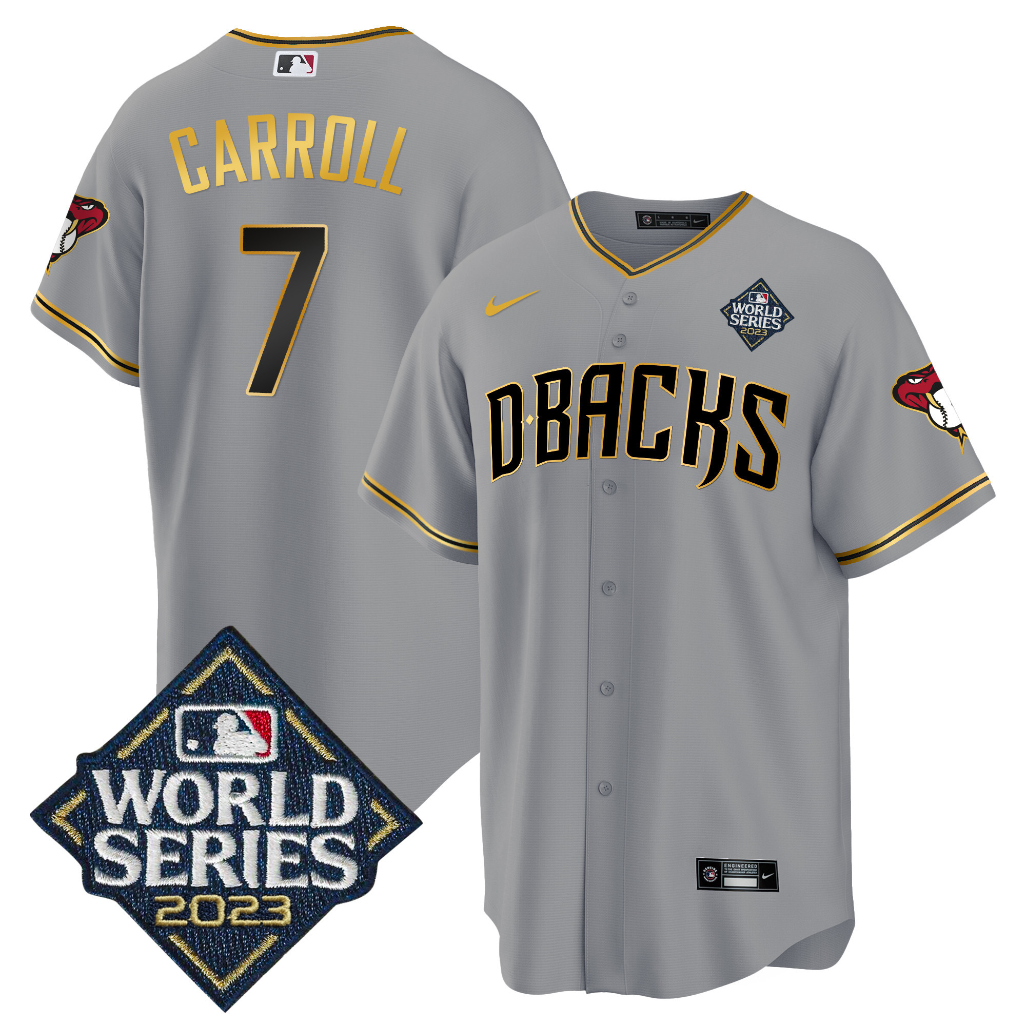 Corbin Carroll Men's Arizona Diamondbacks 2023 World Series Cool Base Gold V2 Gray Gold Jersey - All Stitched