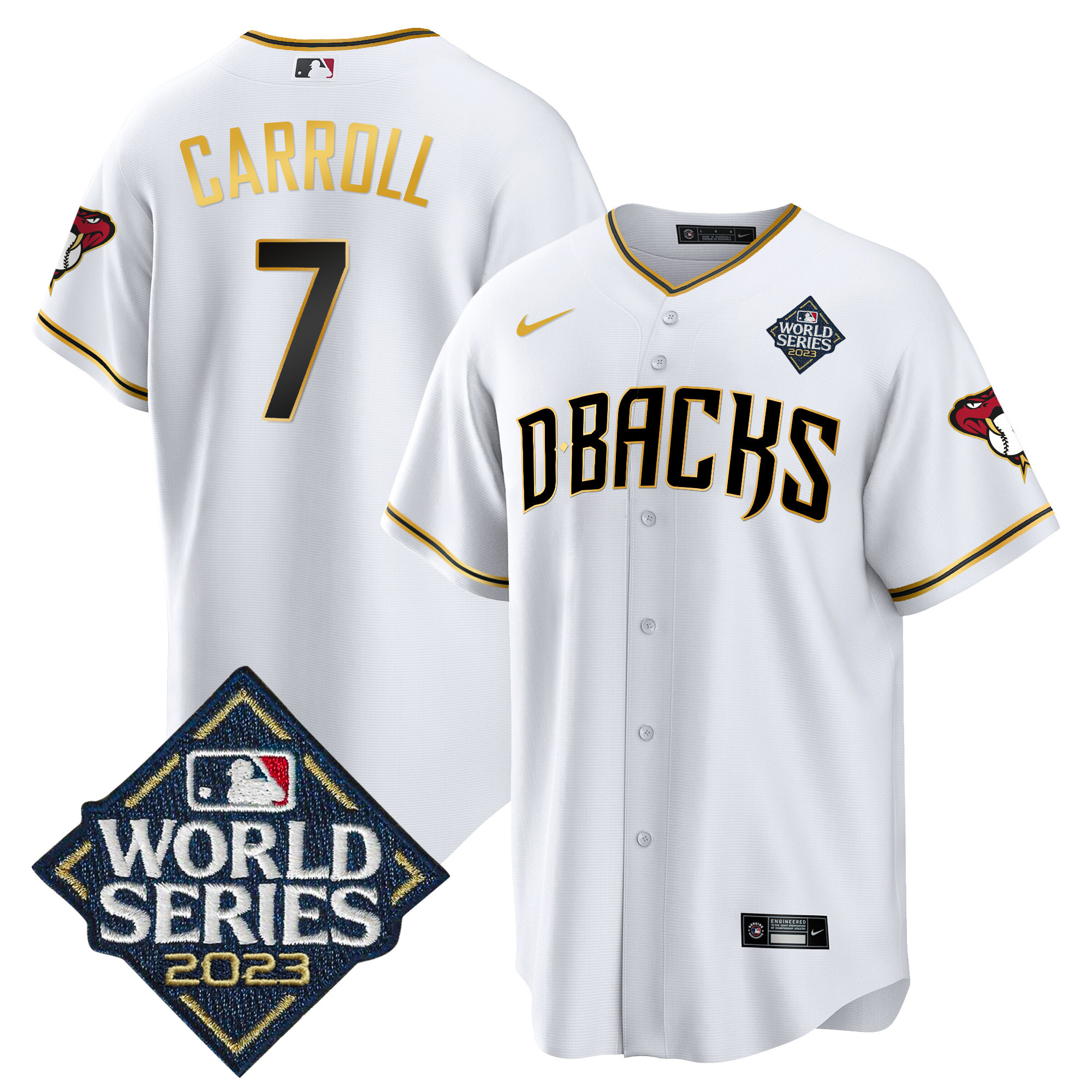 Corbin Carroll Men's Arizona Diamondbacks 2023 World Series Cool Base Gold V2 White Gold Jersey - All Stitched