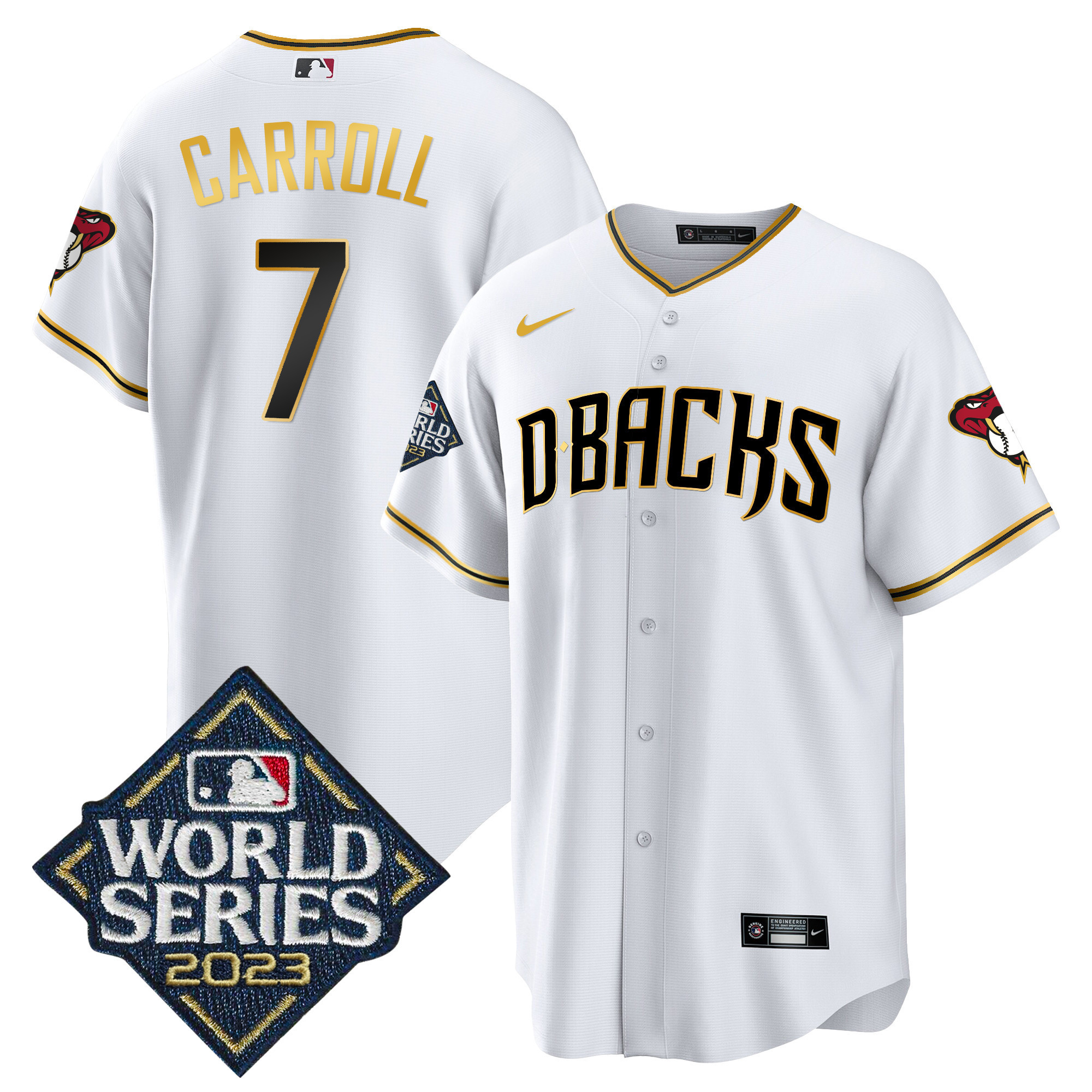 Corbin Carroll Men's Arizona Diamondbacks 2023 World Series Cool Base Gold White Gold Jersey - All Stitched