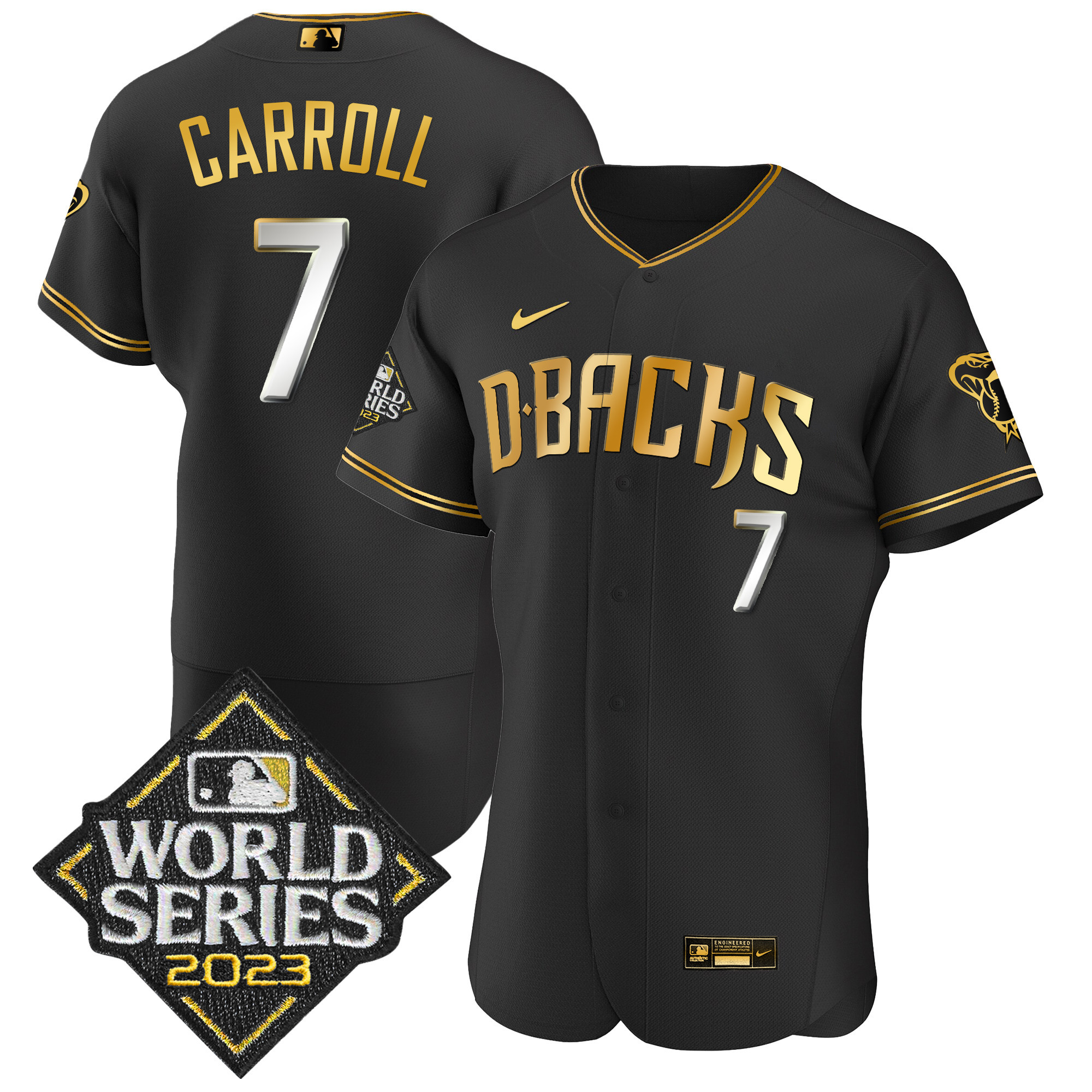 Corbin Carroll Men's Arizona Diamondbacks 2023 World Series Flex Base Gold Black Limited Jersey - All Stitched