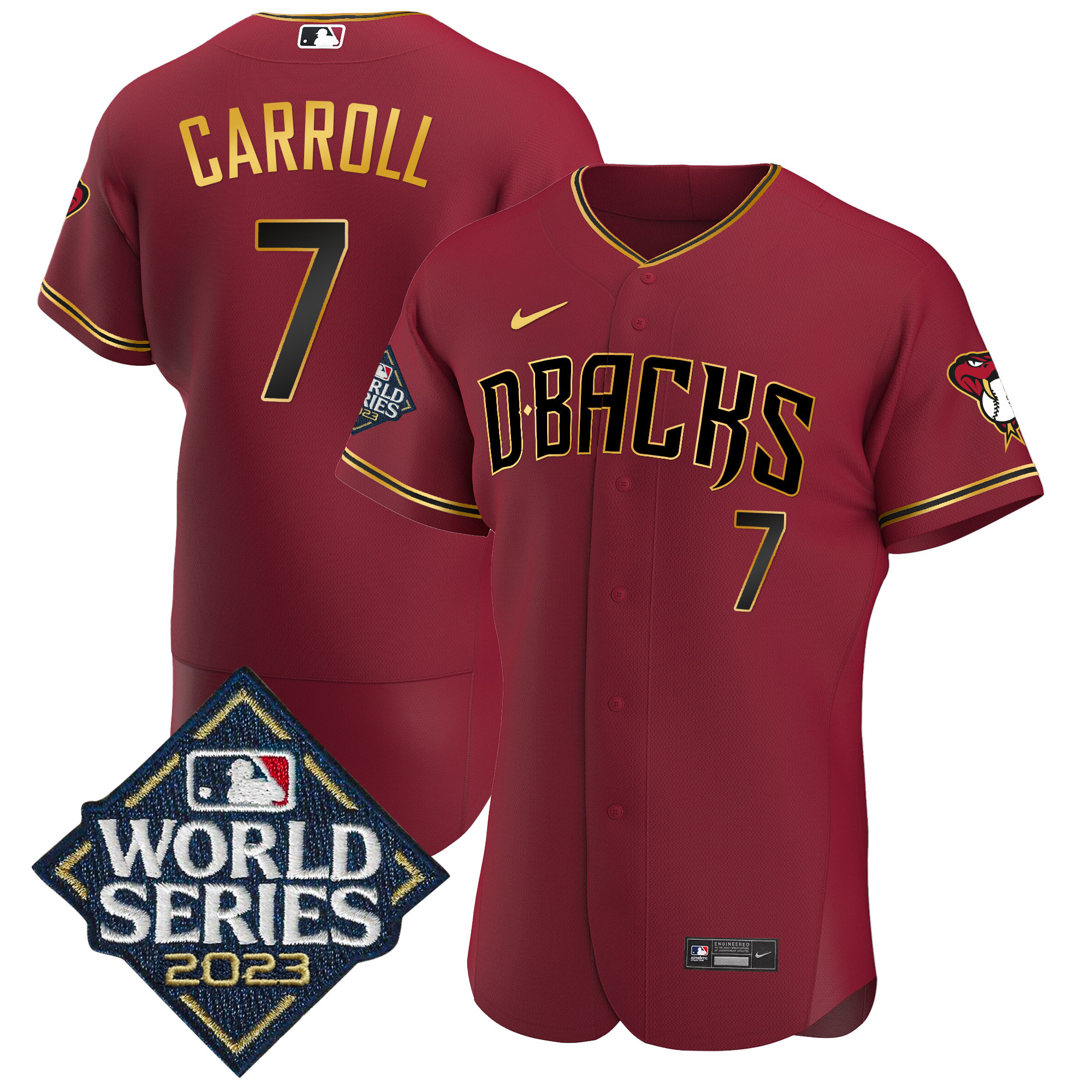 Corbin Carroll Men's Arizona Diamondbacks 2023 World Series Flex Base Gold Crimson Gold Jersey - All Stitched