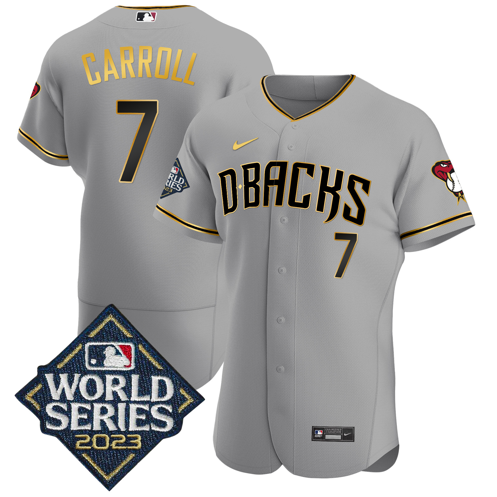 Corbin Carroll Men's Arizona Diamondbacks 2023 World Series Flex Base Gold Gray Gold Jersey - All Stitched