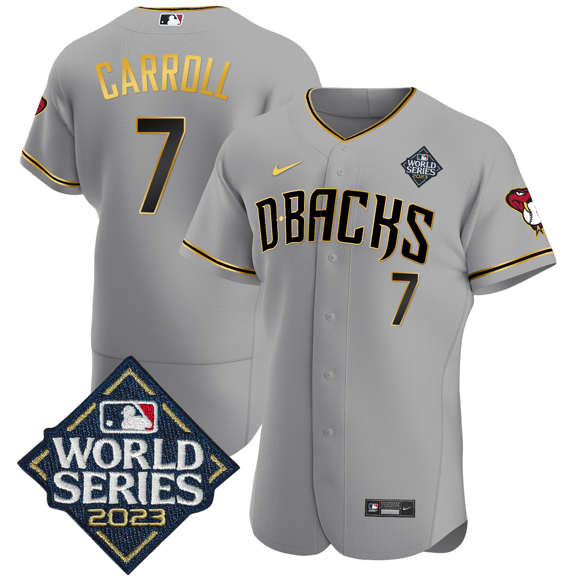 Corbin Carroll Men's Arizona Diamondbacks 2023 World Series Flex Base Gold V2 Gray Gold Jersey - All Stitched