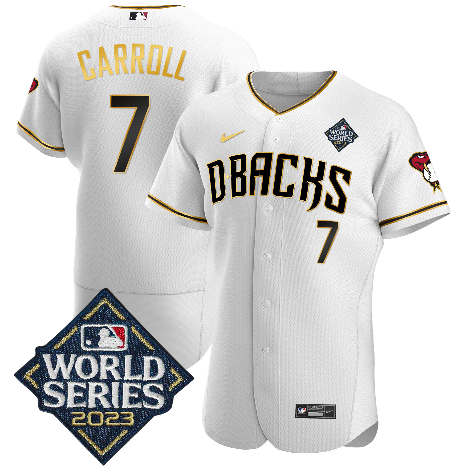 Corbin Carroll Men's Arizona Diamondbacks 2023 World Series Flex Base Gold V2 White Gold Jersey - All Stitched