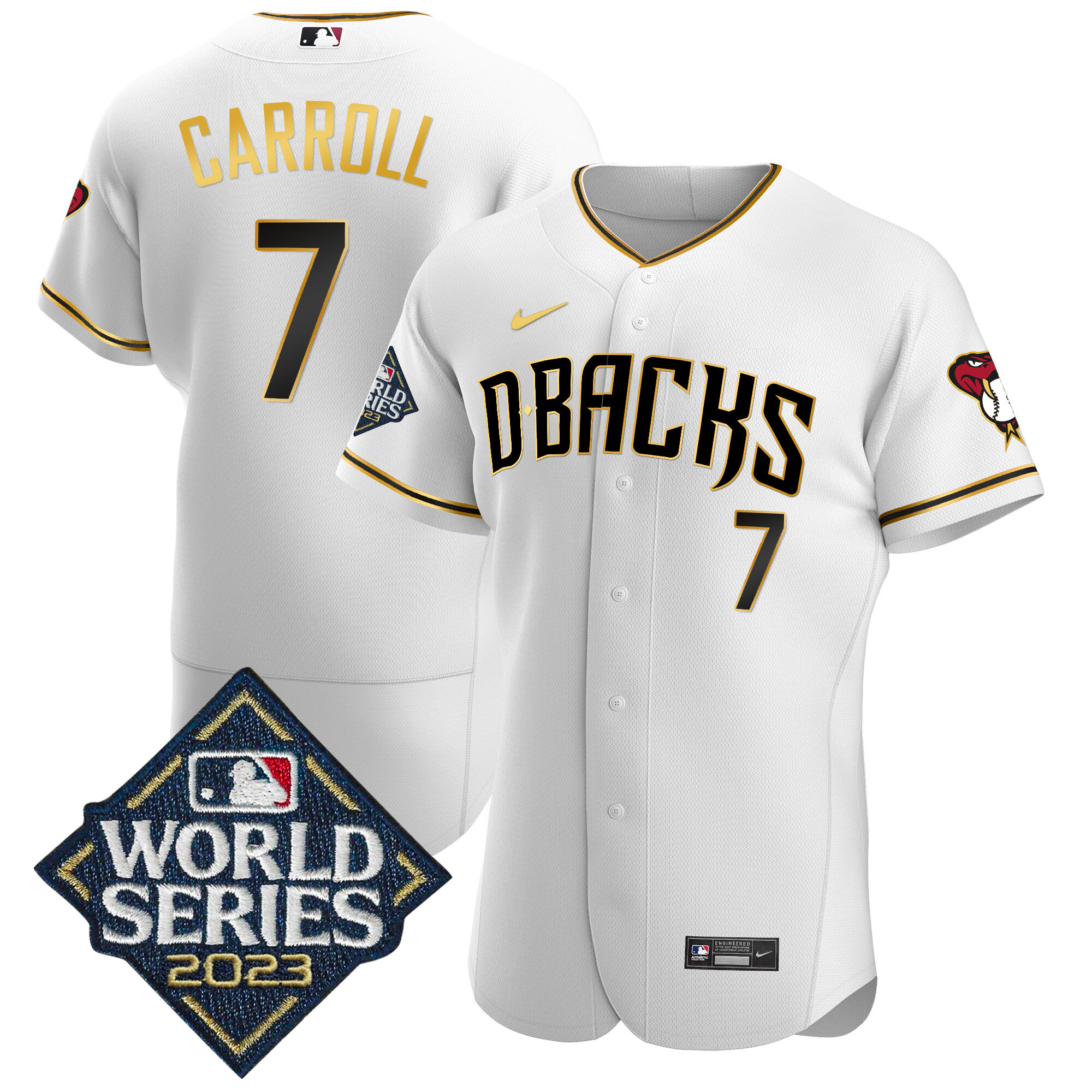 Corbin Carroll Men's Arizona Diamondbacks 2023 World Series Flex Base Gold White Gold Jersey - All Stitched