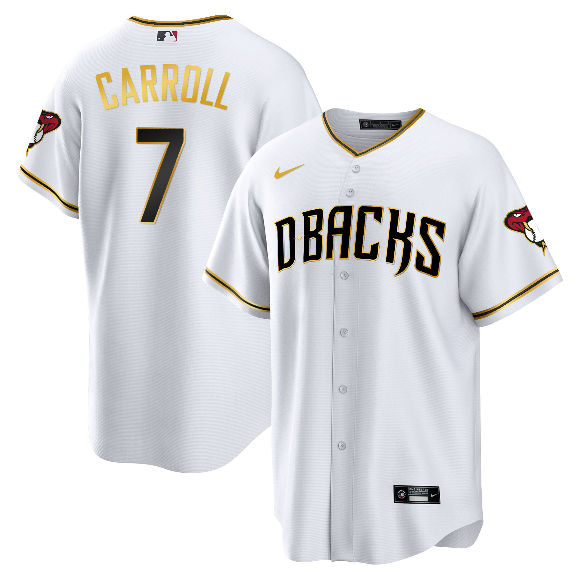 Corbin Carroll Men's Arizona Diamondbacks Cool Base Gold Trim White Gold Jersey - All Stitched