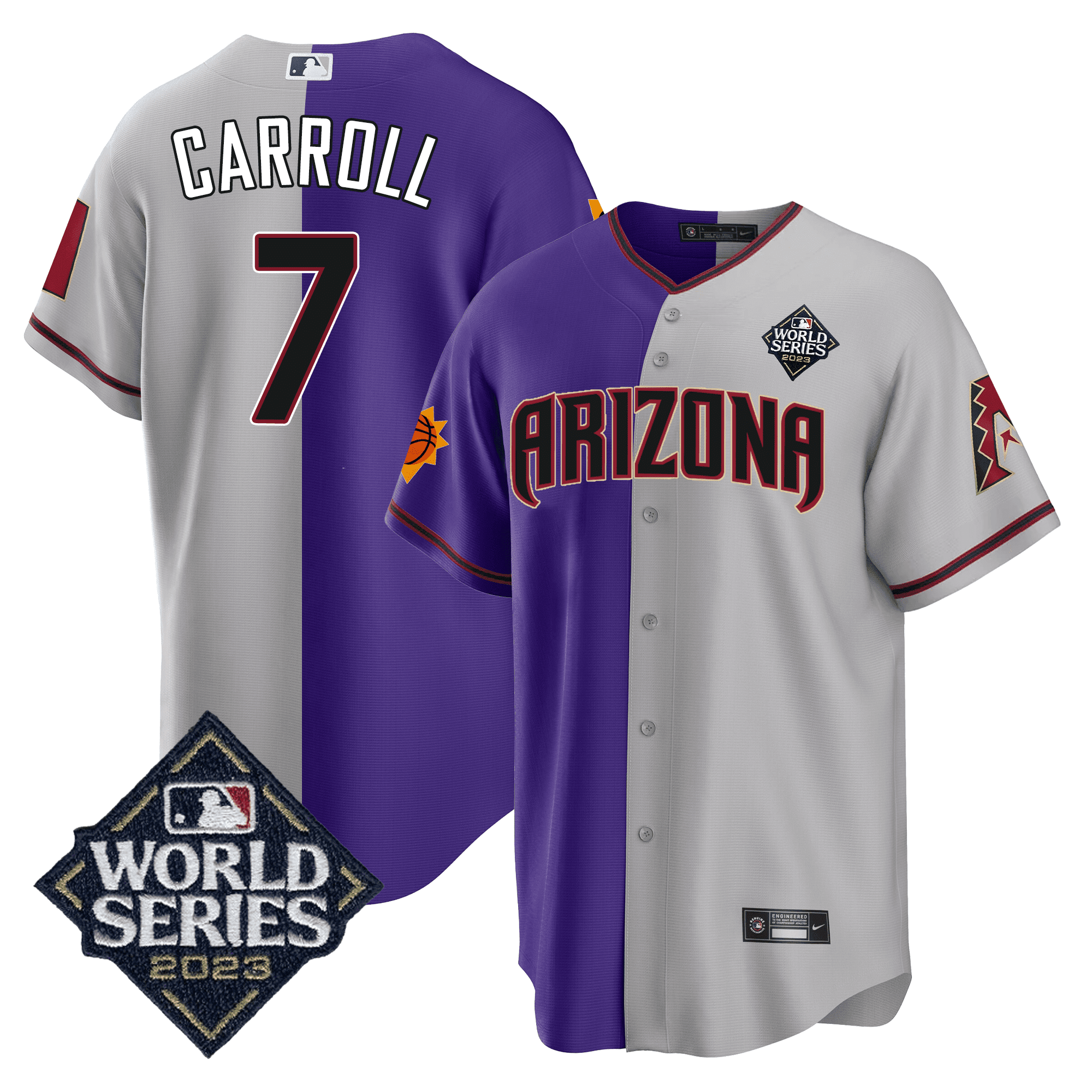 Corbin Carroll Men's Split Arizona Dbacks - Suns 2023 World Series Patch Grey - Purple Jersey - All Stitched