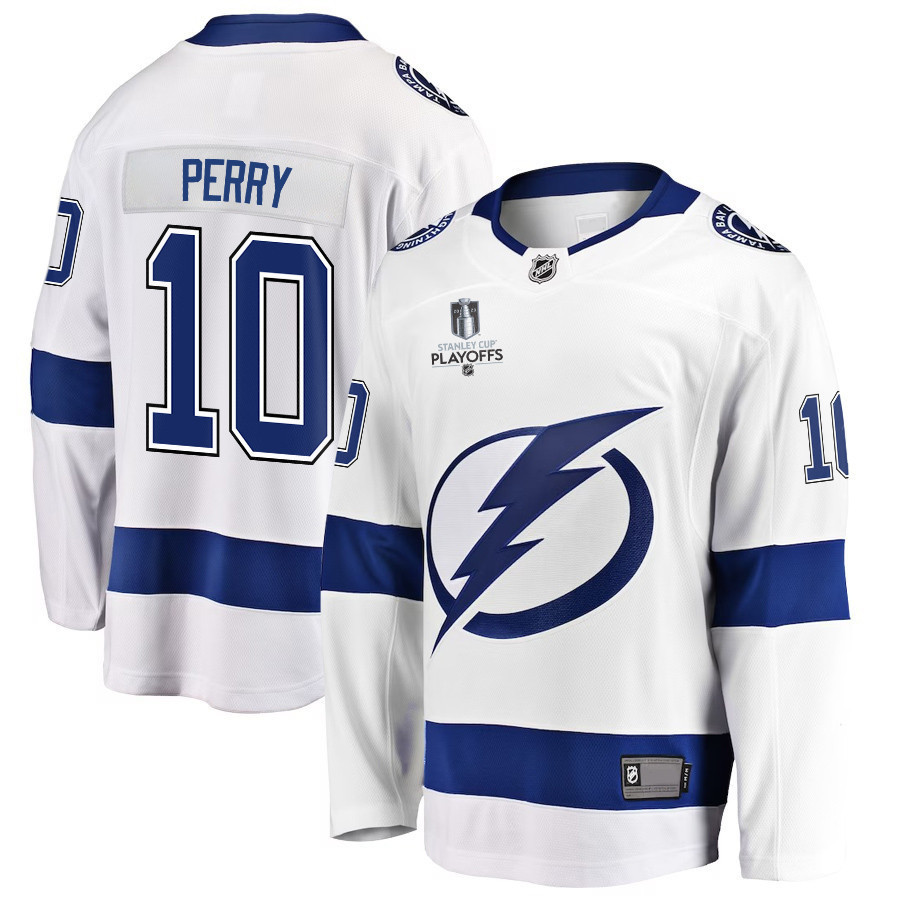 Corey Perry 10 Tampa Bay Lightning Stanley Cup 2023 Playoffs Patch Away Breakaway Men Stitched Jersey – White