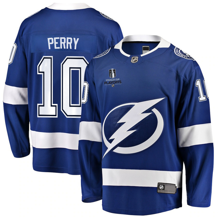 Corey Perry 10 Tampa Bay Lightning Stanley Cup 2023 Playoffs Patch Home Breakaway Men Stitched Jersey – Blue