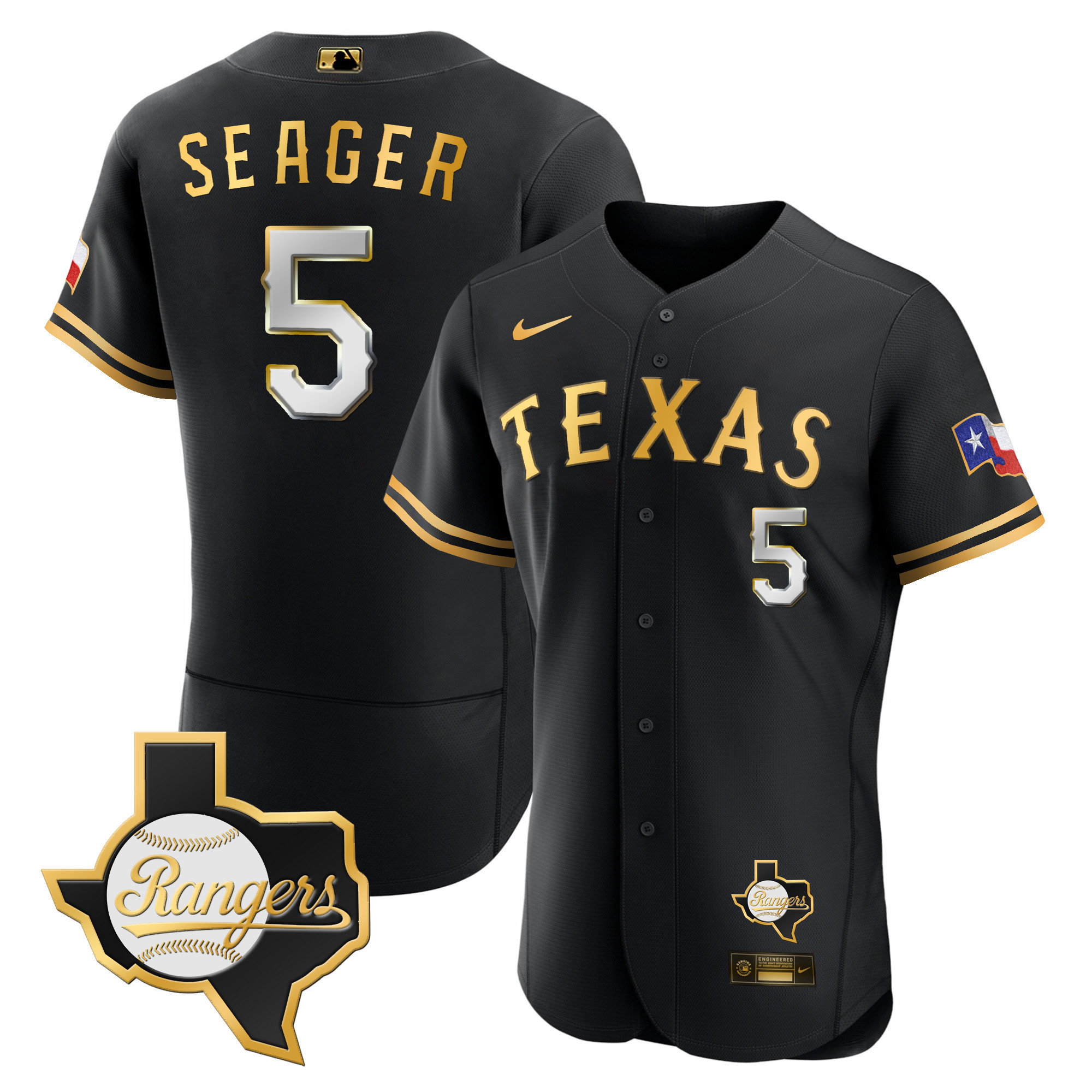 Corey Seager Men's Texas Rangers 2023 Flex Base - Texas Patch Black Gold Jersey - All Stitched