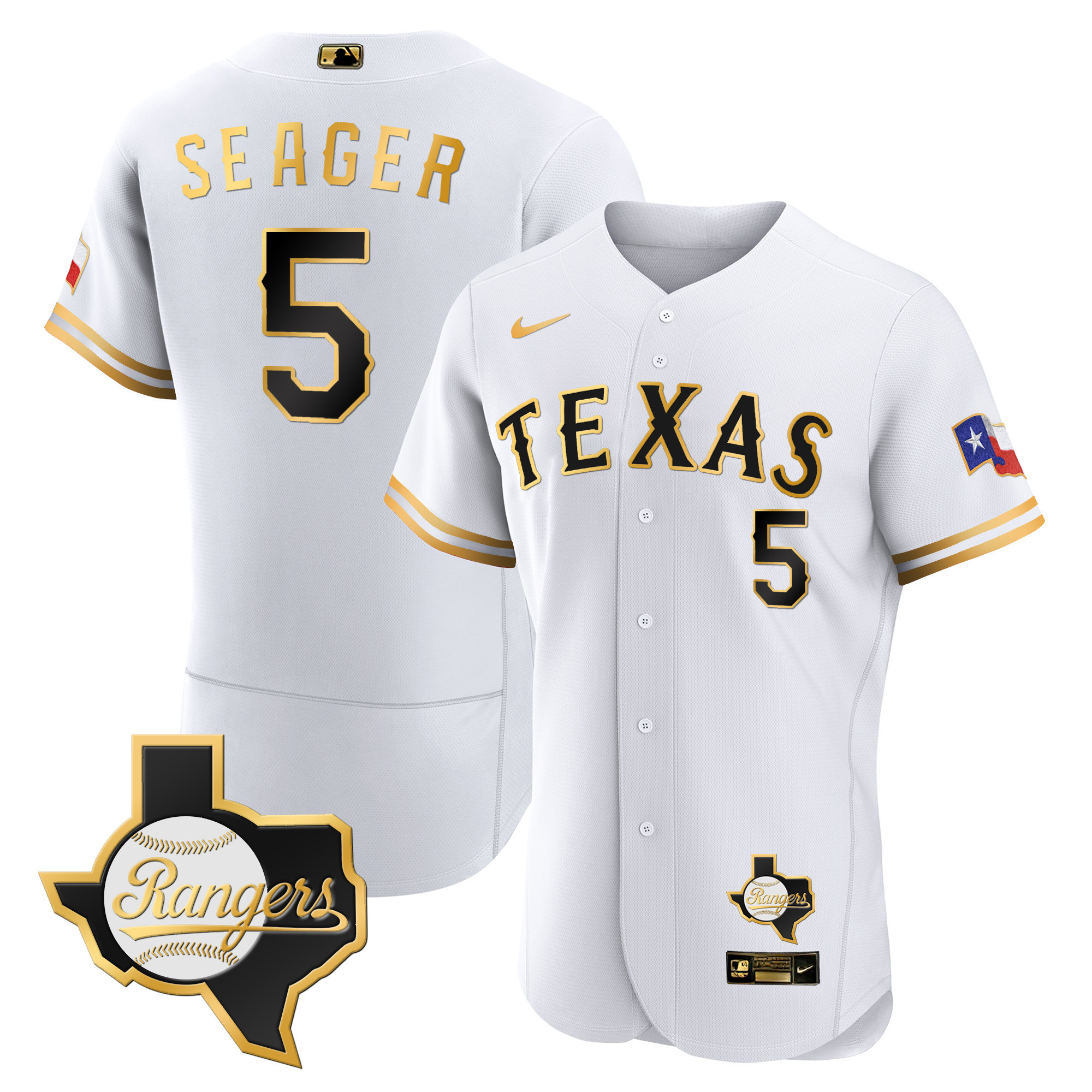 Corey Seager Men's Texas Rangers 2023 Flex Base - Texas Patch White Gold Jersey - All Stitched