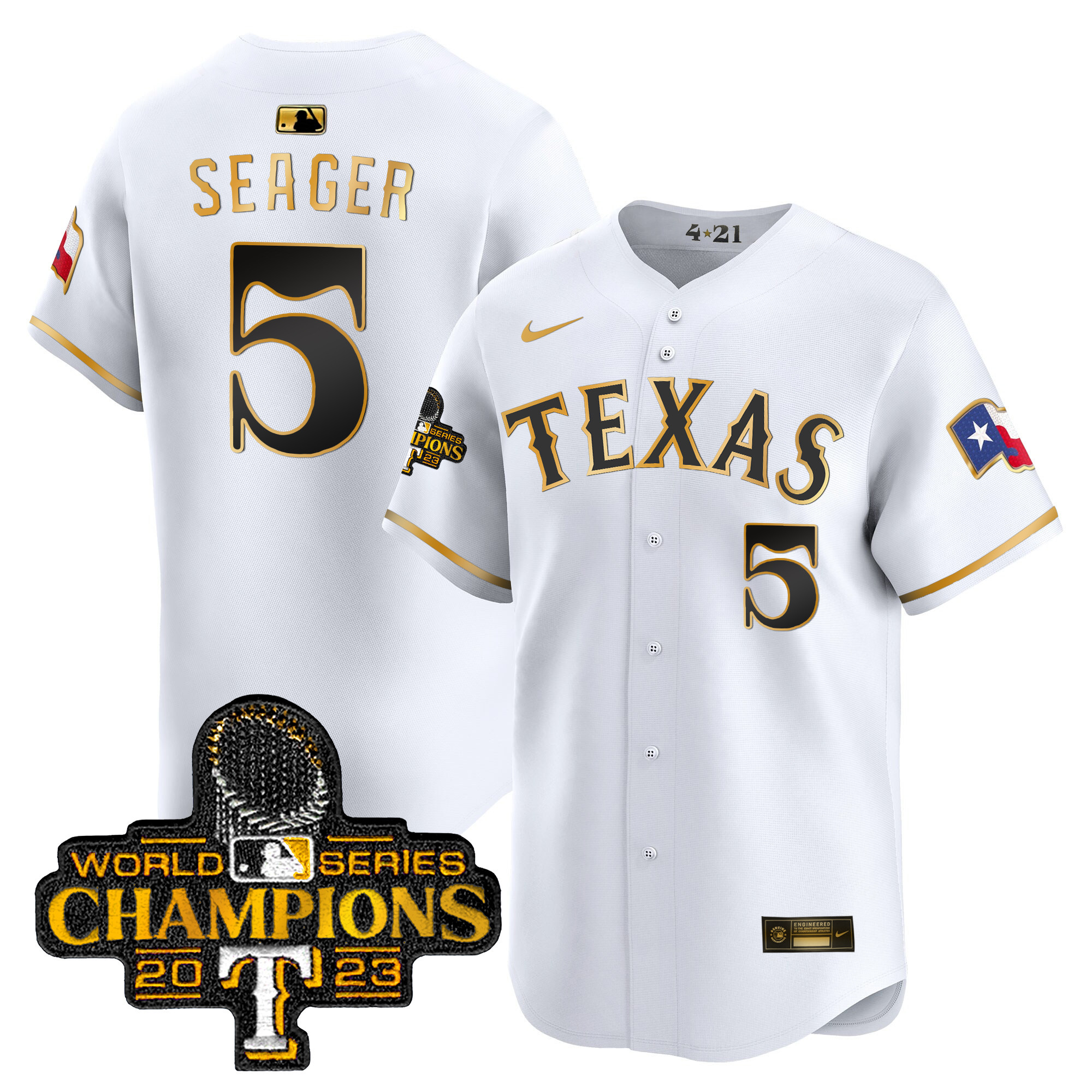 Corey Seager Men's Texas Rangers 2023 World Series Champions City Connect Vapor Premier Limited White Gold Jersey - All Stitched - Image 1