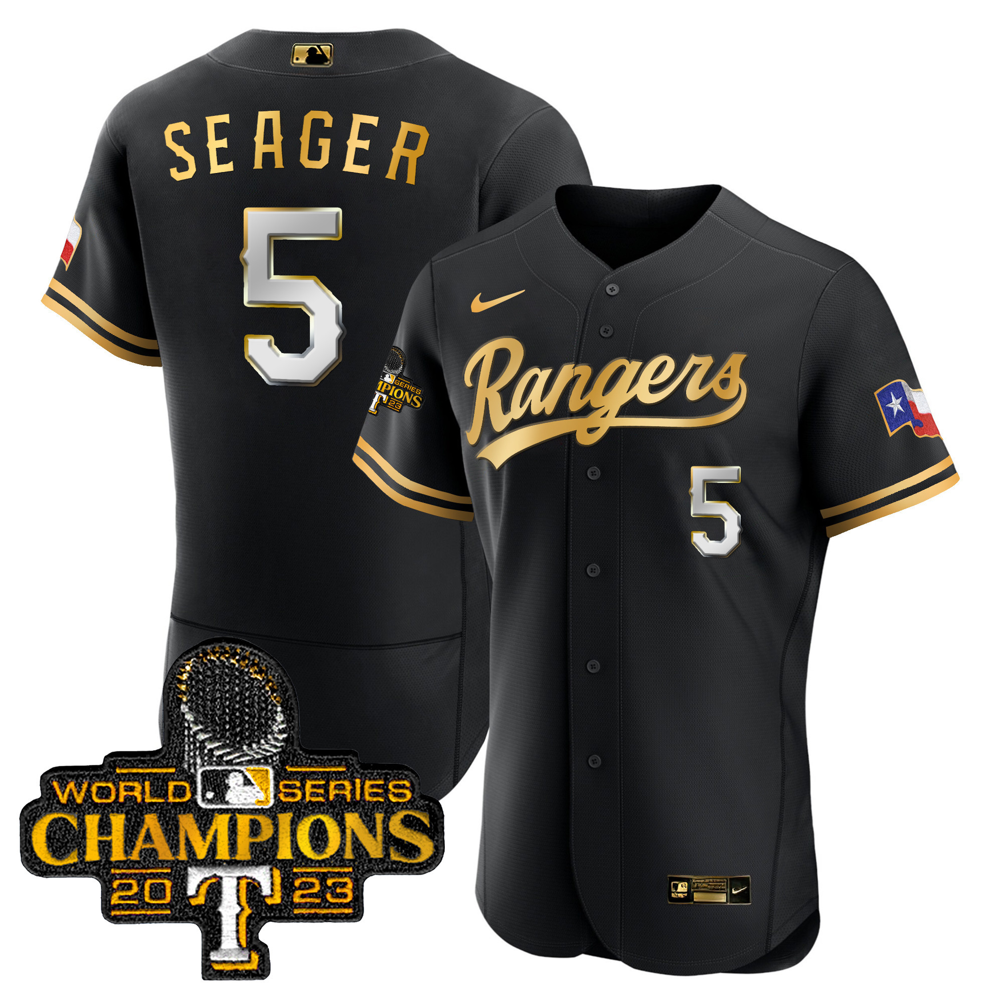 Corey Seager Men's Texas Rangers 2023 World Series Champions Flex Base V3 Black Gold Jersey - All Stitched