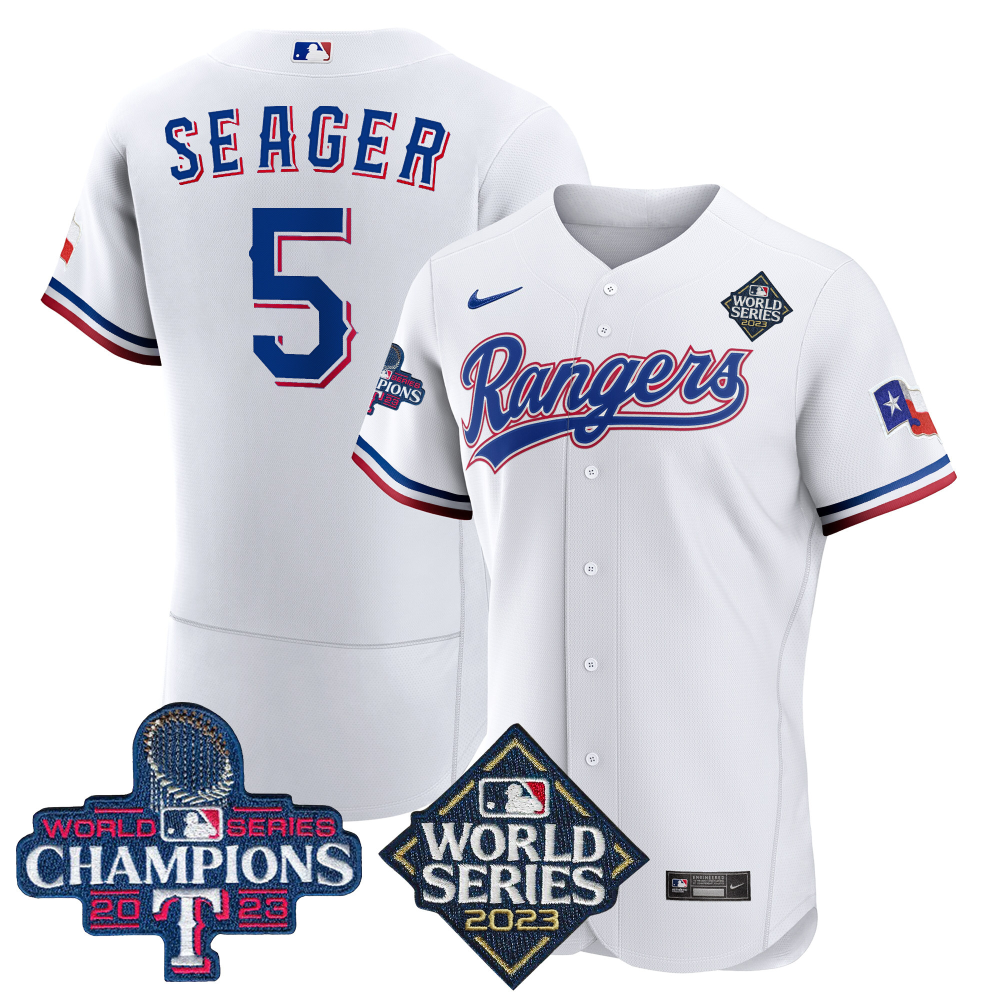 Corey Seager Men's Texas Rangers 2023 World Series Champions Flex Base V4 White Jersey - All Stitched