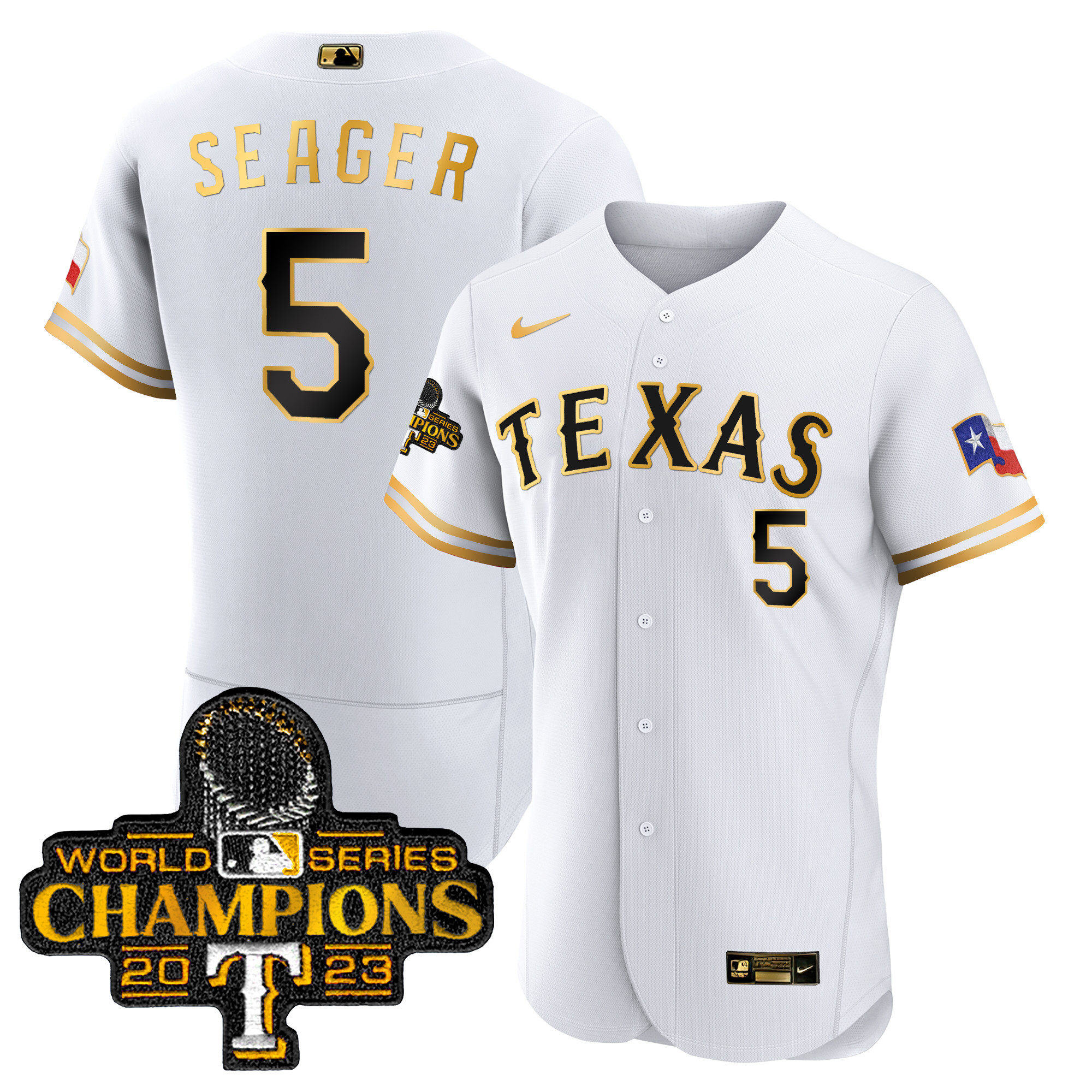 Corey Seager Men's Texas Rangers 2023 World Series Champions Flex Base White Gold Jersey - All Stitched