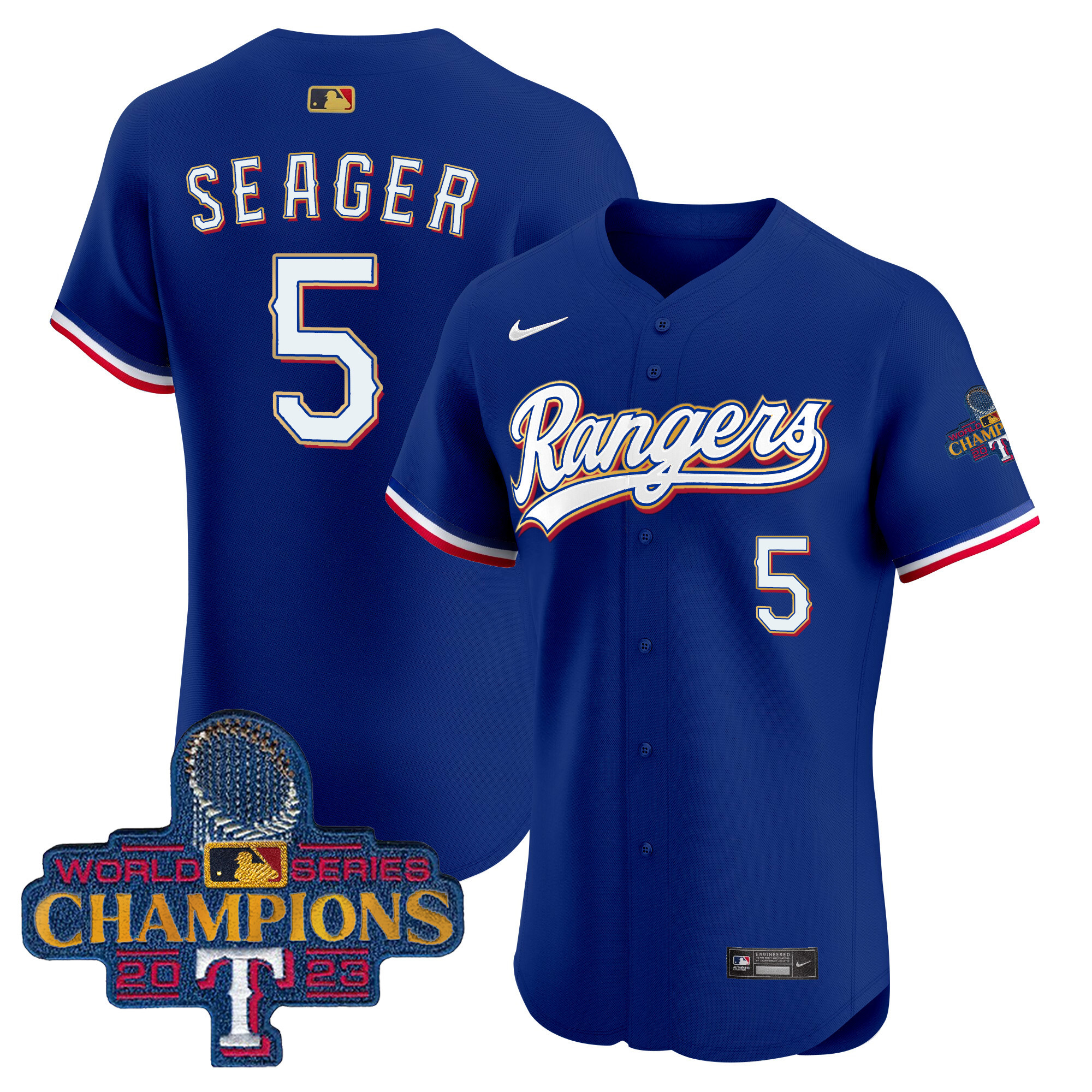 Corey Seager Men's Texas Rangers 2023 World Series Champions Gold Trim Vapor Premier Elite Royal Jersey - All Stitched