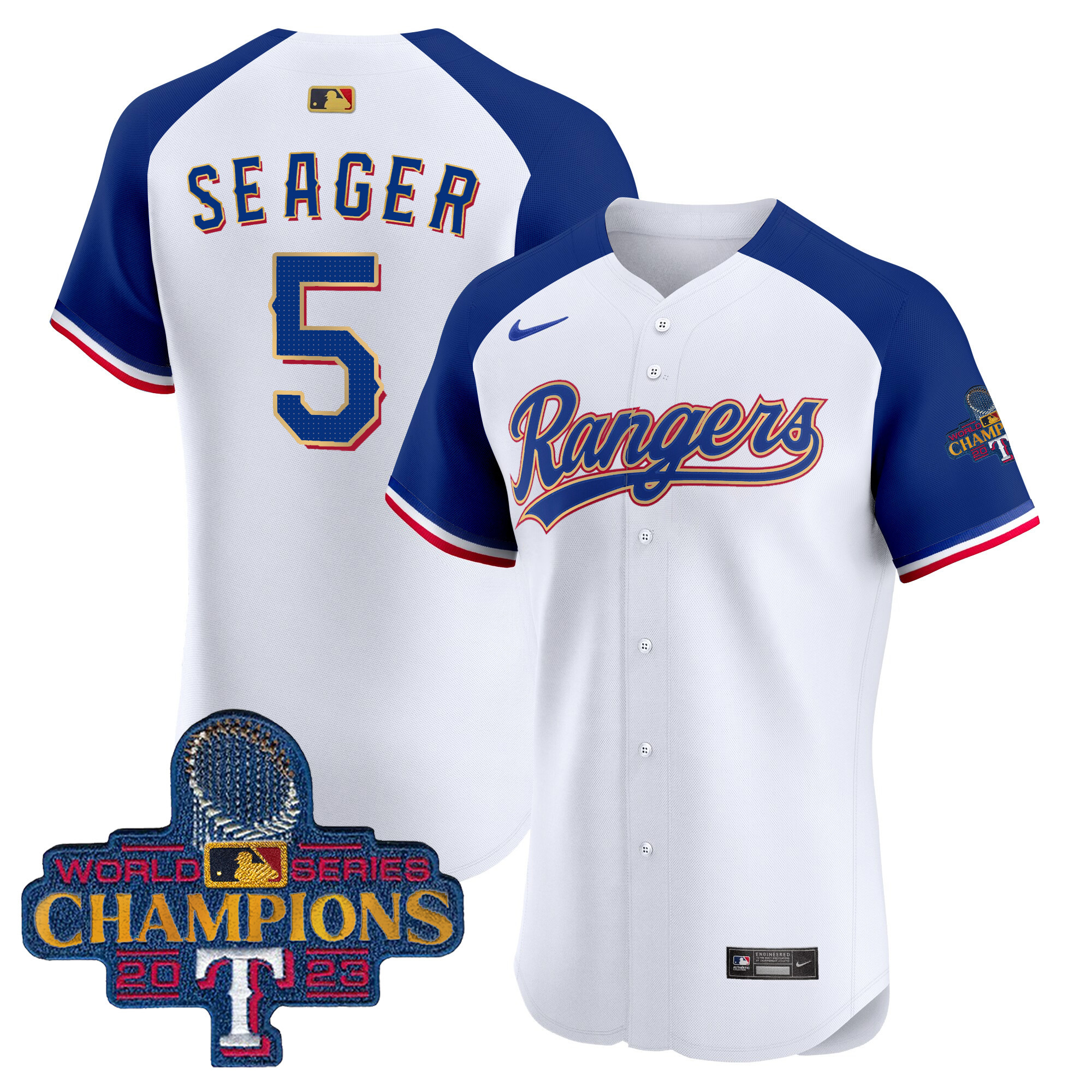Corey Seager Men's Texas Rangers 2023 World Series Champions Gold Trim Vapor Premier Elite White Alternate Jersey - All Stitched