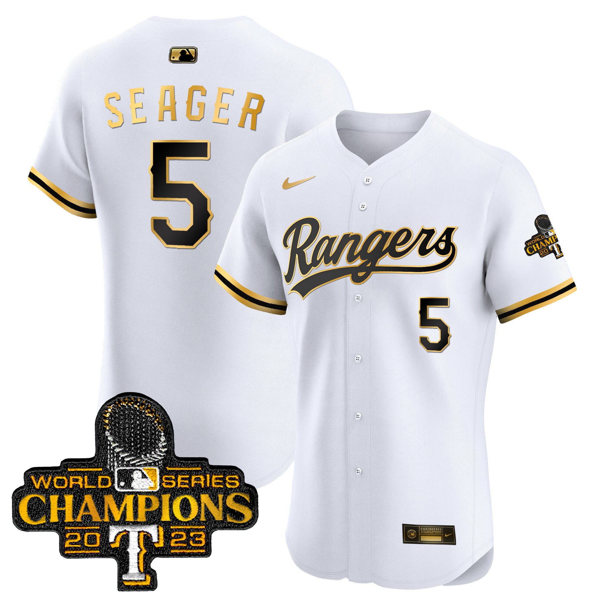 Corey Seager Men's Texas Rangers 2023 World Series Champions Gold Trim Vapor Premier Elite White Gold Jersey - All Stitched