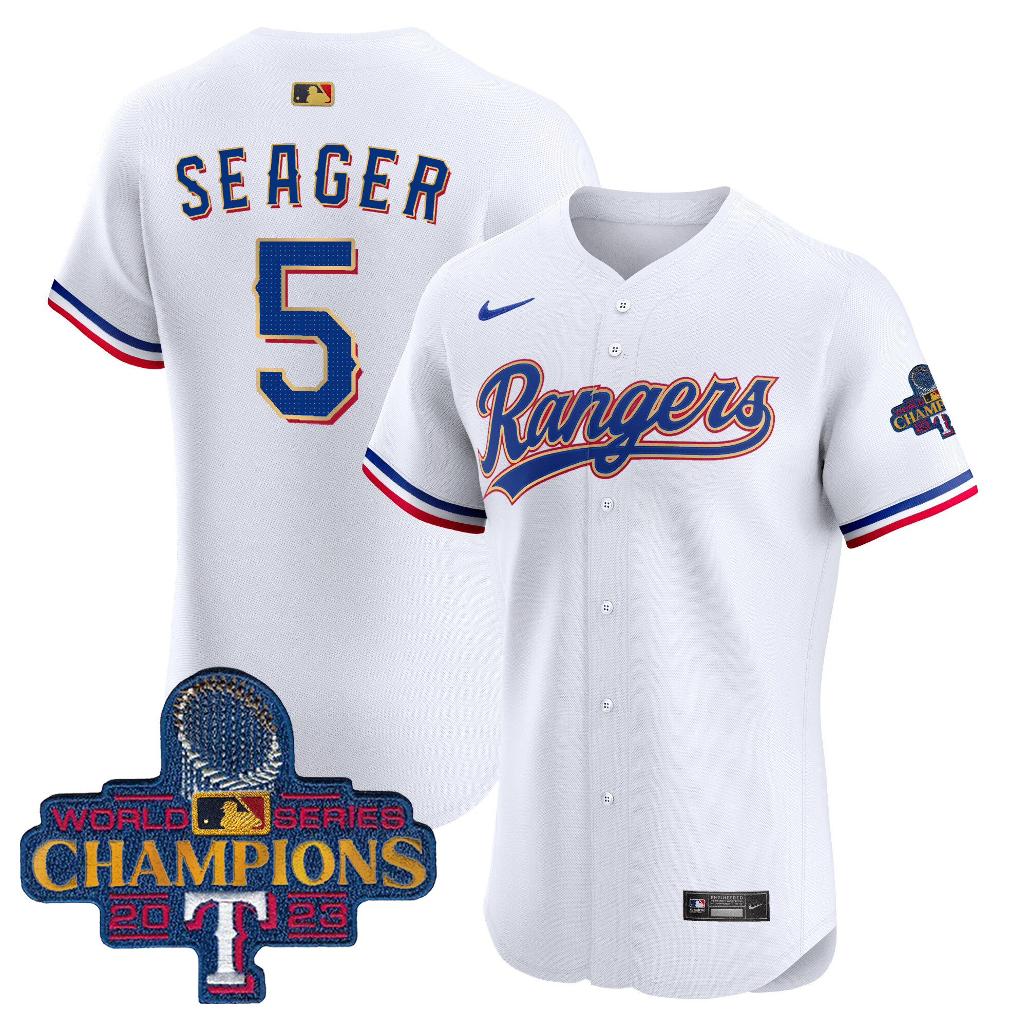 Corey Seager Men's Texas Rangers 2023 World Series Champions Gold Trim Vapor Premier Elite White Jersey - All Stitched