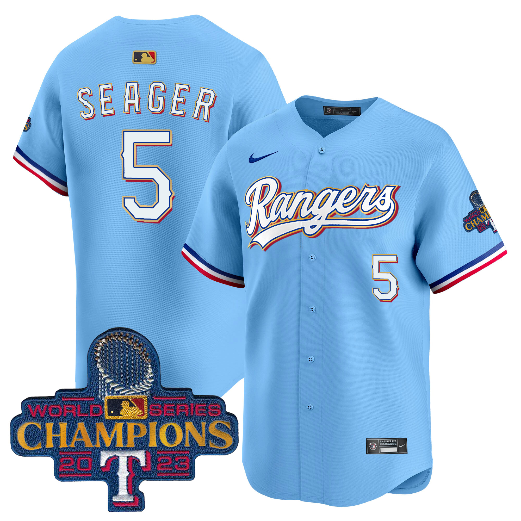Corey Seager Men's Texas Rangers 2023 World Series Champions Gold Trim Vapor Premier Limited Blue Jersey - All Stitched