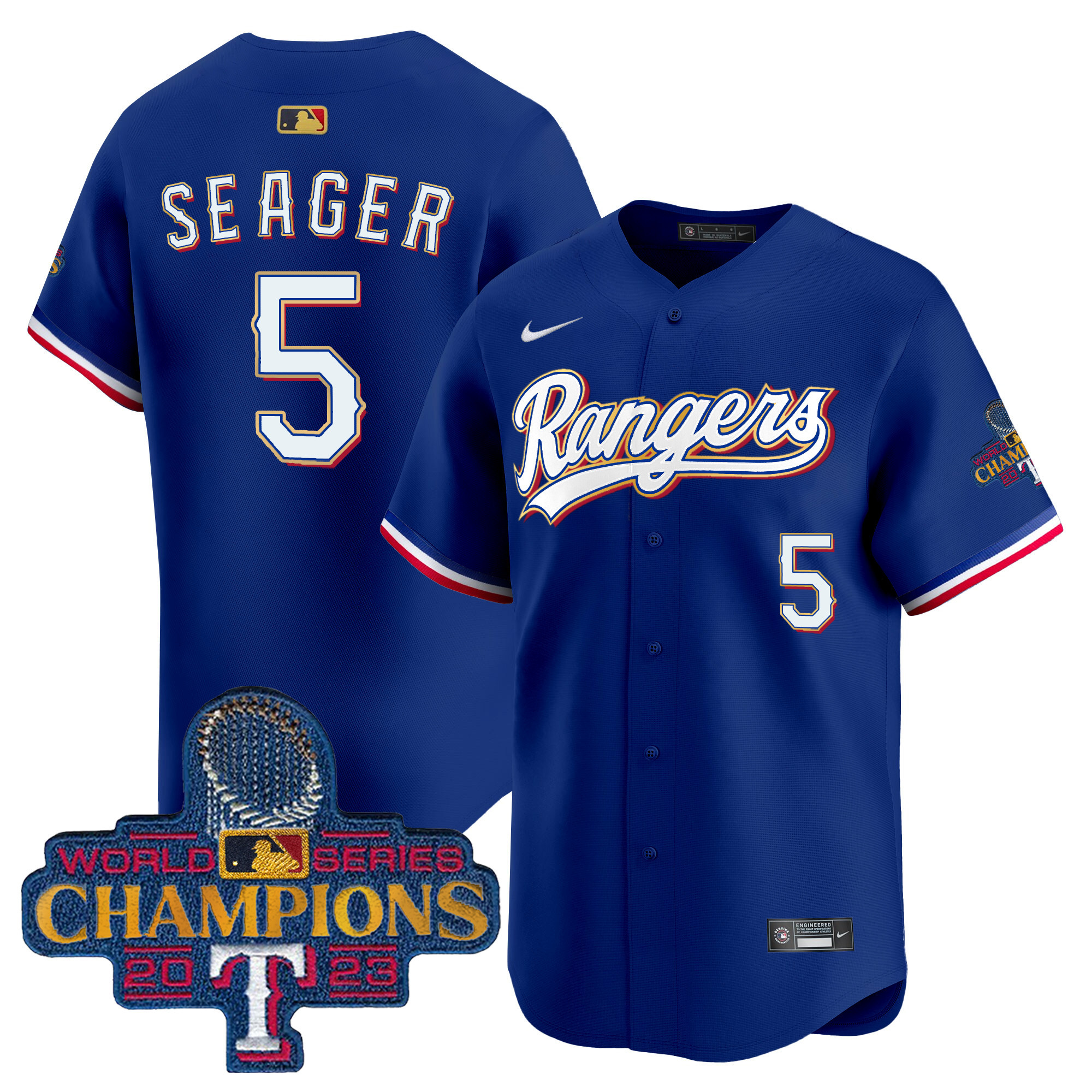 Corey Seager Men's Texas Rangers 2023 World Series Champions Gold Trim Vapor Premier Limited Royal Jersey - All Stitched