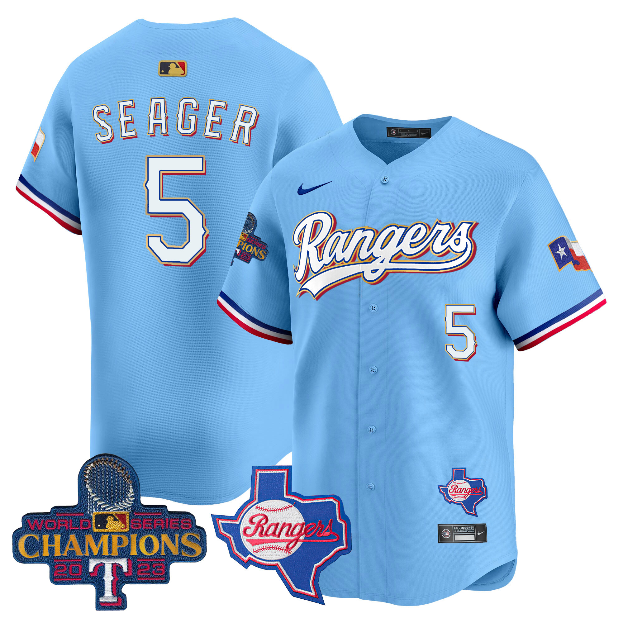 Corey Seager Men's Texas Rangers 2023 World Series Champions Gold Trim Vapor Premier Limited V2 Blue Jersey - All Stitched