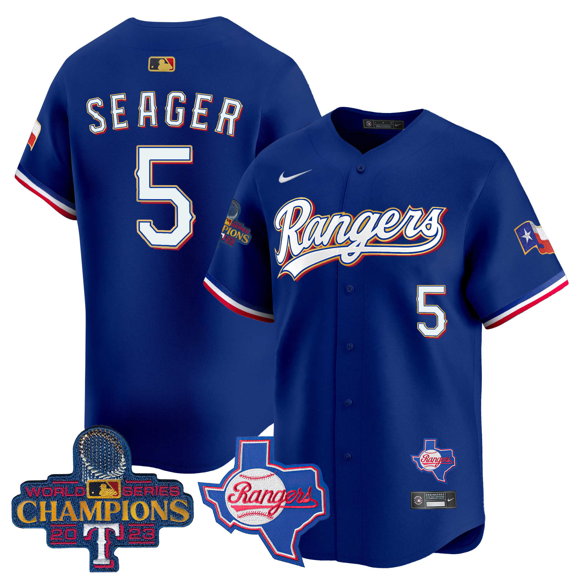 Corey Seager Men's Texas Rangers 2023 World Series Champions Gold Trim Vapor Premier Limited V2 Royal Jersey - All Stitched