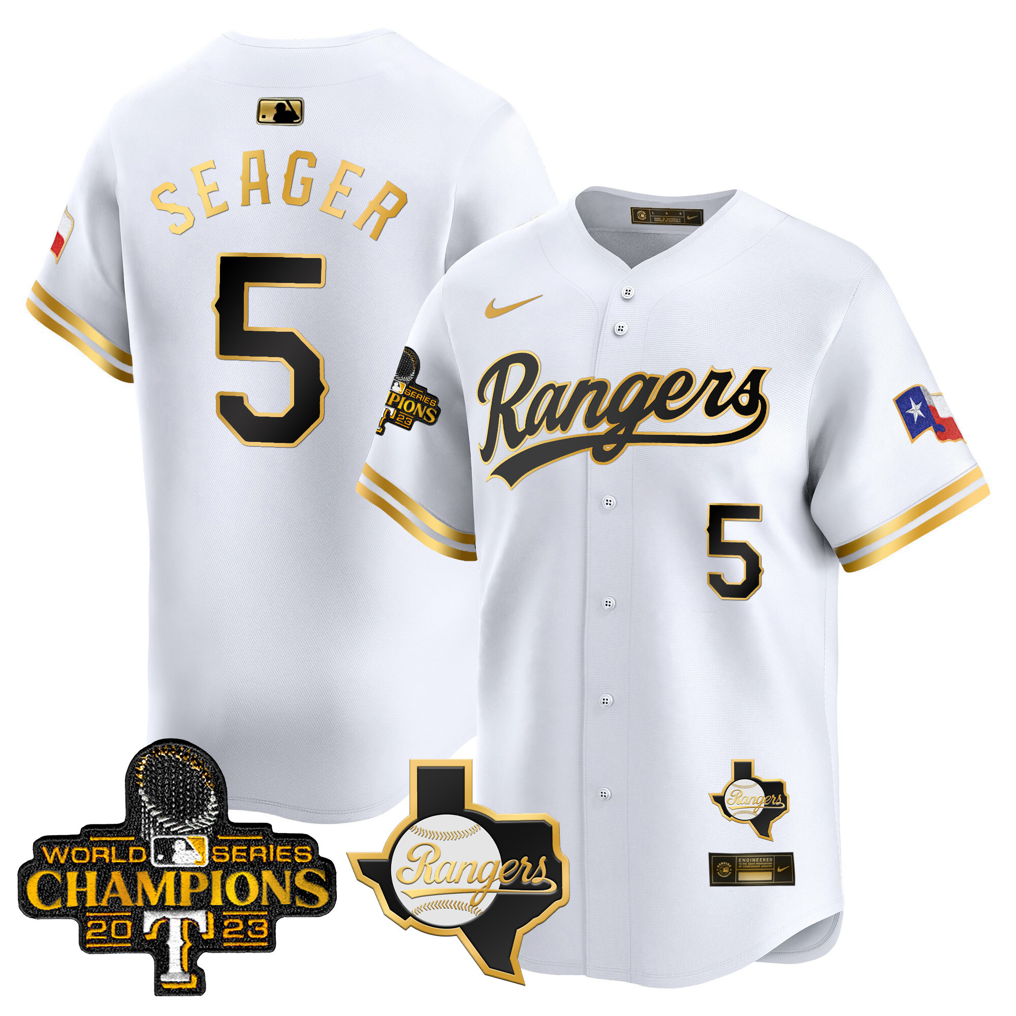 Corey Seager Men's Texas Rangers 2023 World Series Champions Gold Trim Vapor Premier Limited V2 White Gold Jersey - All Stitched