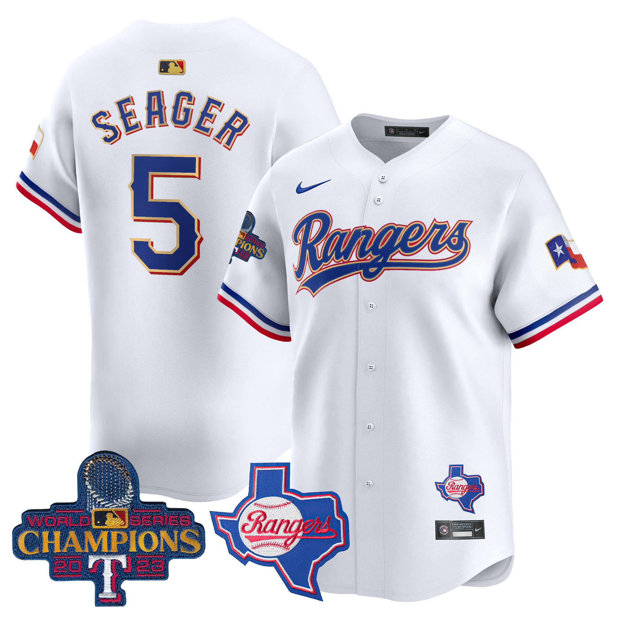 Corey Seager Men's Texas Rangers 2023 World Series Champions Gold Trim Vapor Premier Limited V2 White Jersey - All Stitched