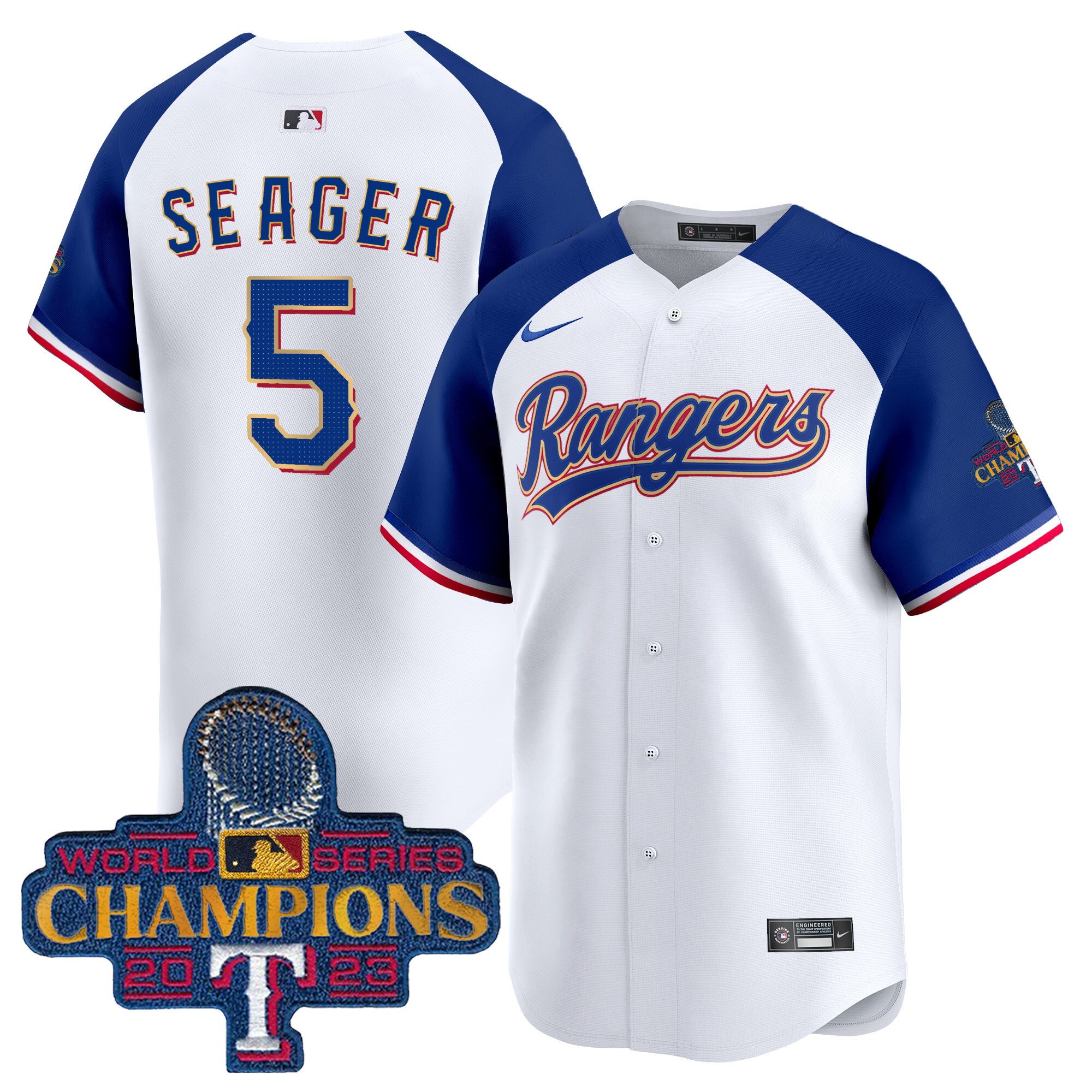 Corey Seager Men's Texas Rangers 2023 World Series Champions Gold Trim Vapor Premier Limited White Alternate Jersey - All Stitched
