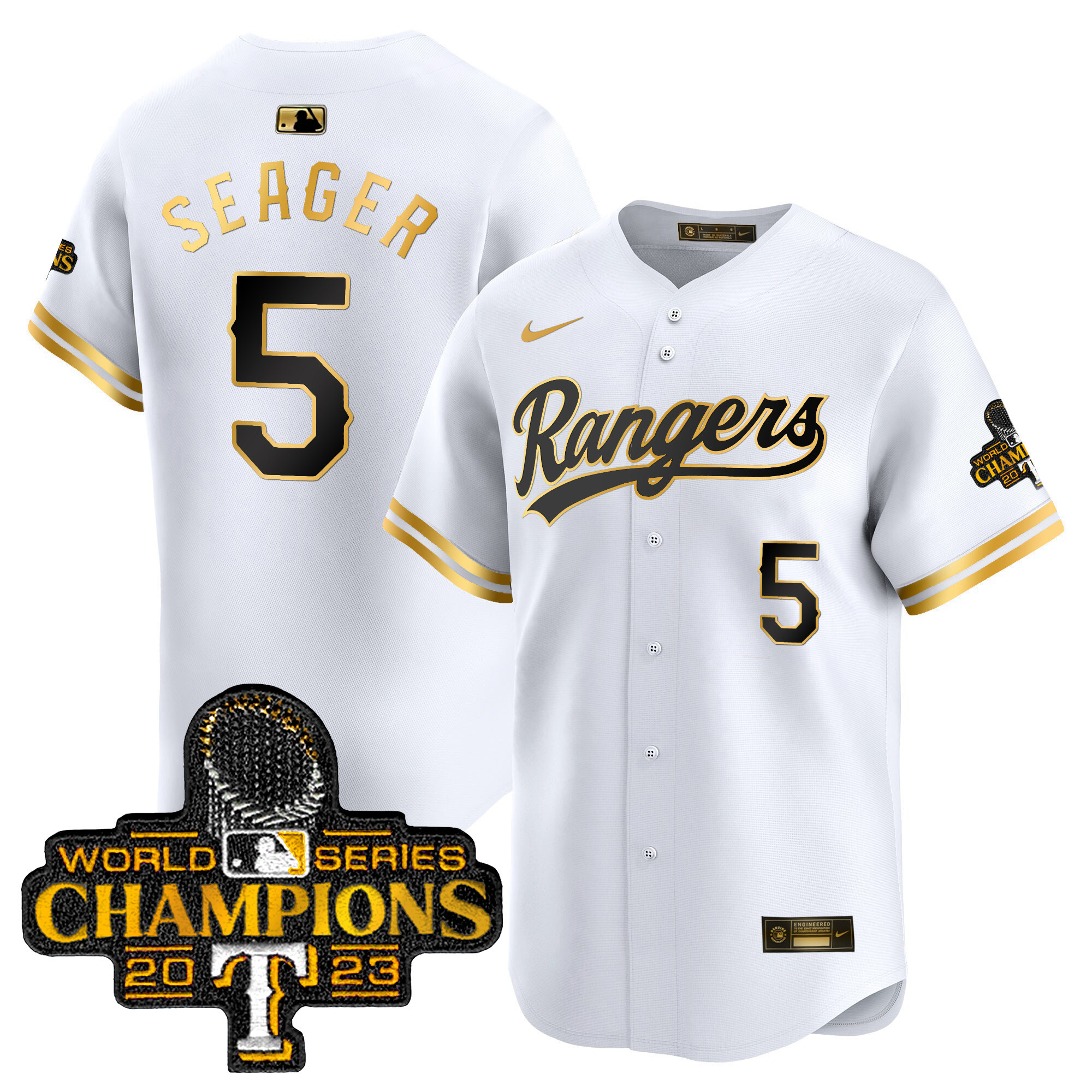 Corey Seager Men's Texas Rangers 2023 World Series Champions Gold Trim Vapor Premier Limited White Gold Jersey - All Stitched