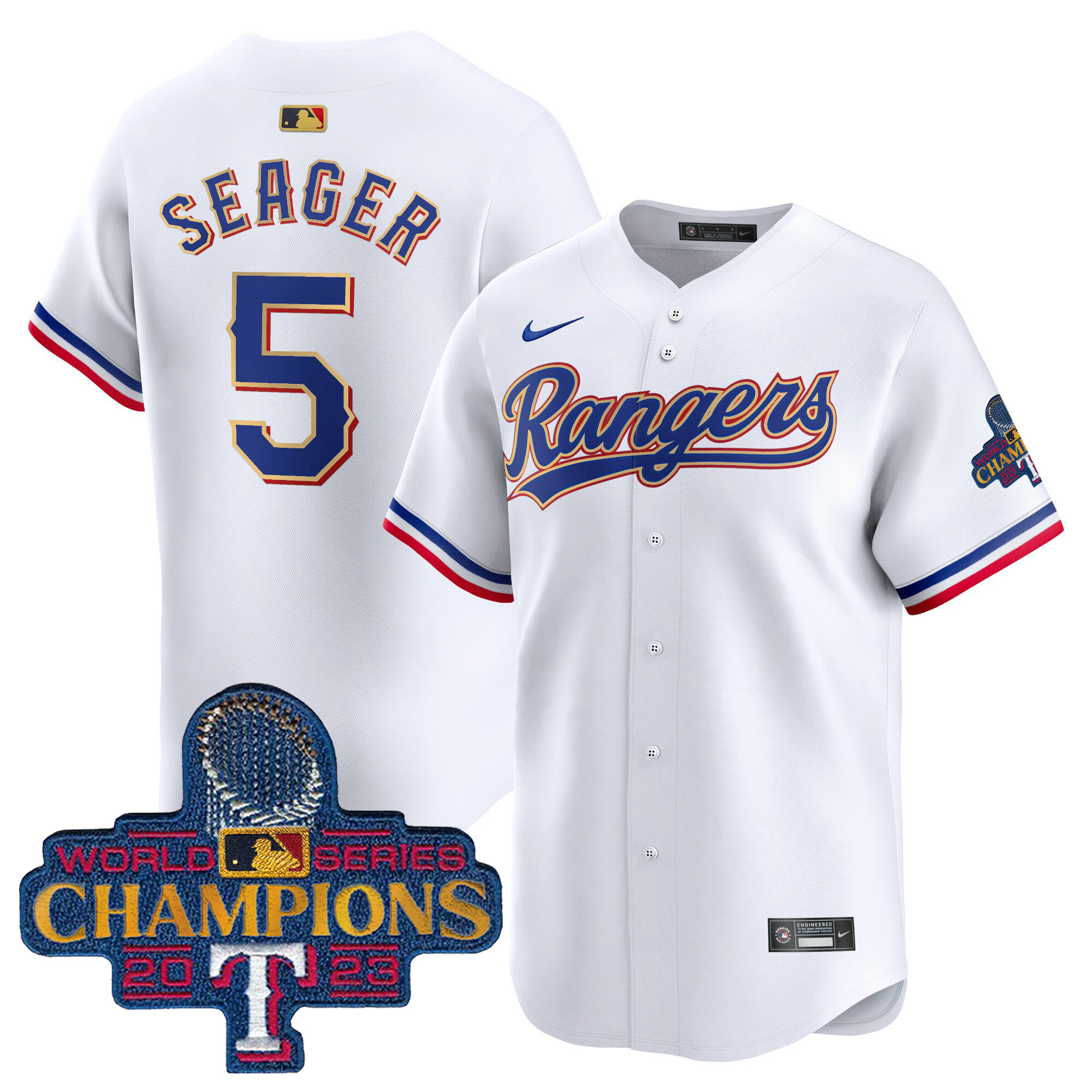 Corey Seager Men's Texas Rangers 2023 World Series Champions Gold Trim Vapor Premier Limited White Jersey - All Stitched