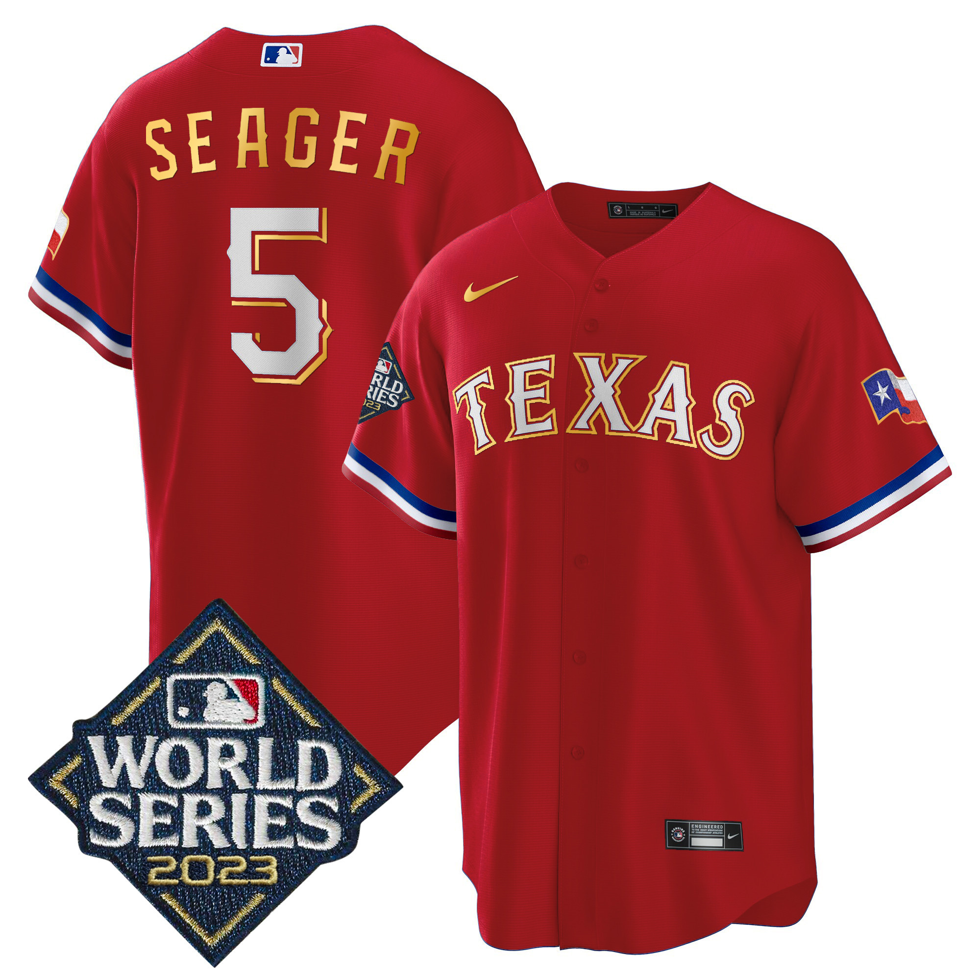Corey Seager Men's Texas Rangers 2023 World Series Cool Base Gold Trim Red Jersey - All Stitched