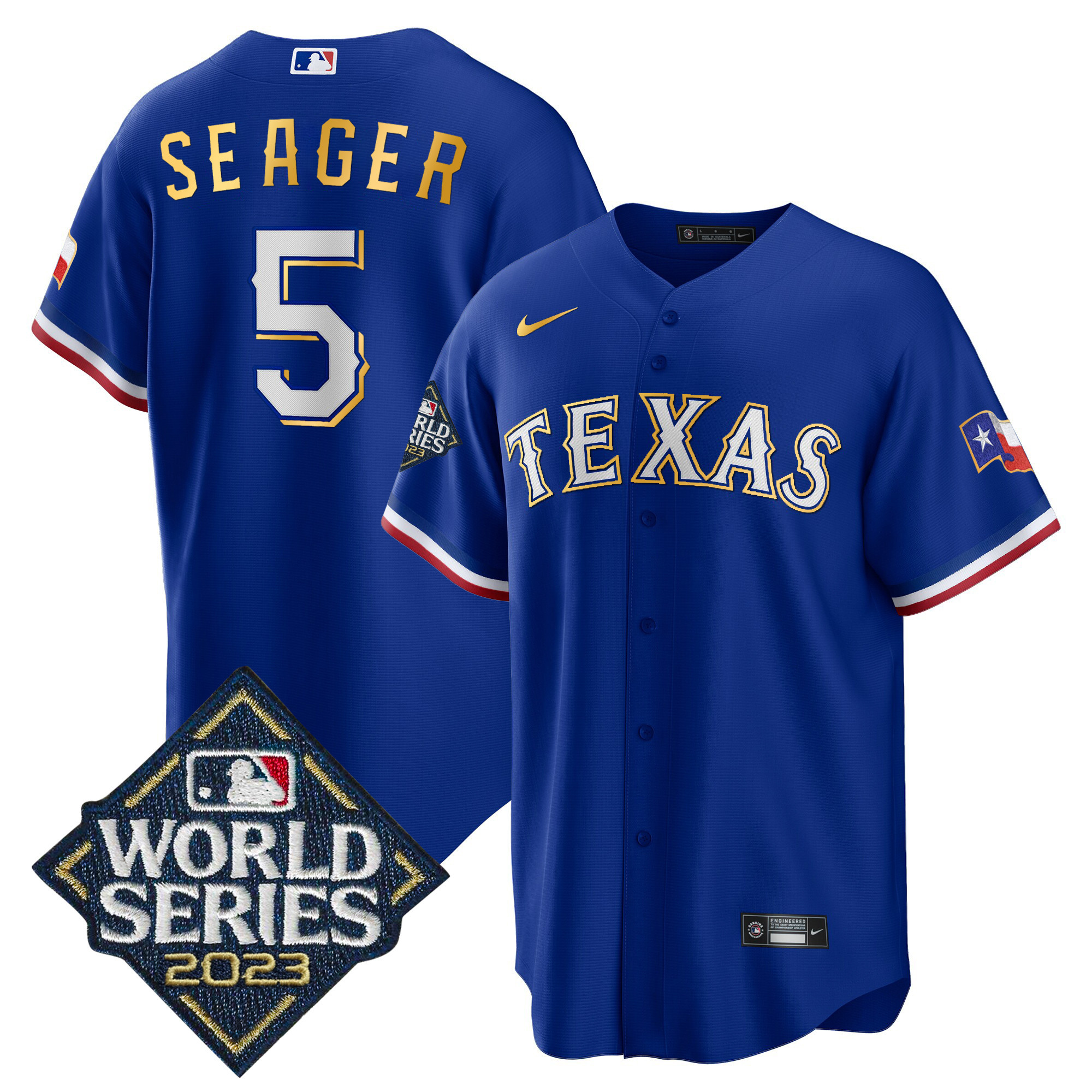 Corey Seager Men's Texas Rangers 2023 World Series Cool Base Gold Trim Royal Jersey - All Stitched