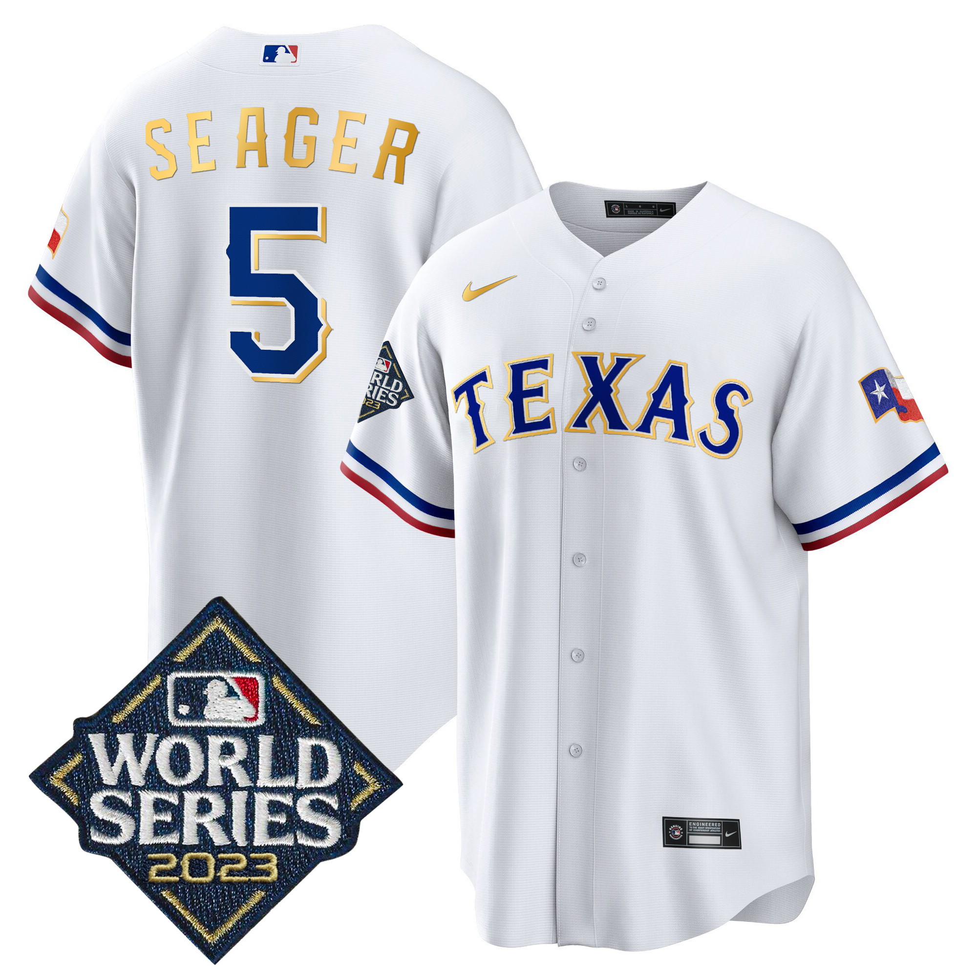 Corey Seager Men's Texas Rangers 2023 World Series Cool Base Gold Trim White Jersey - All Stitched