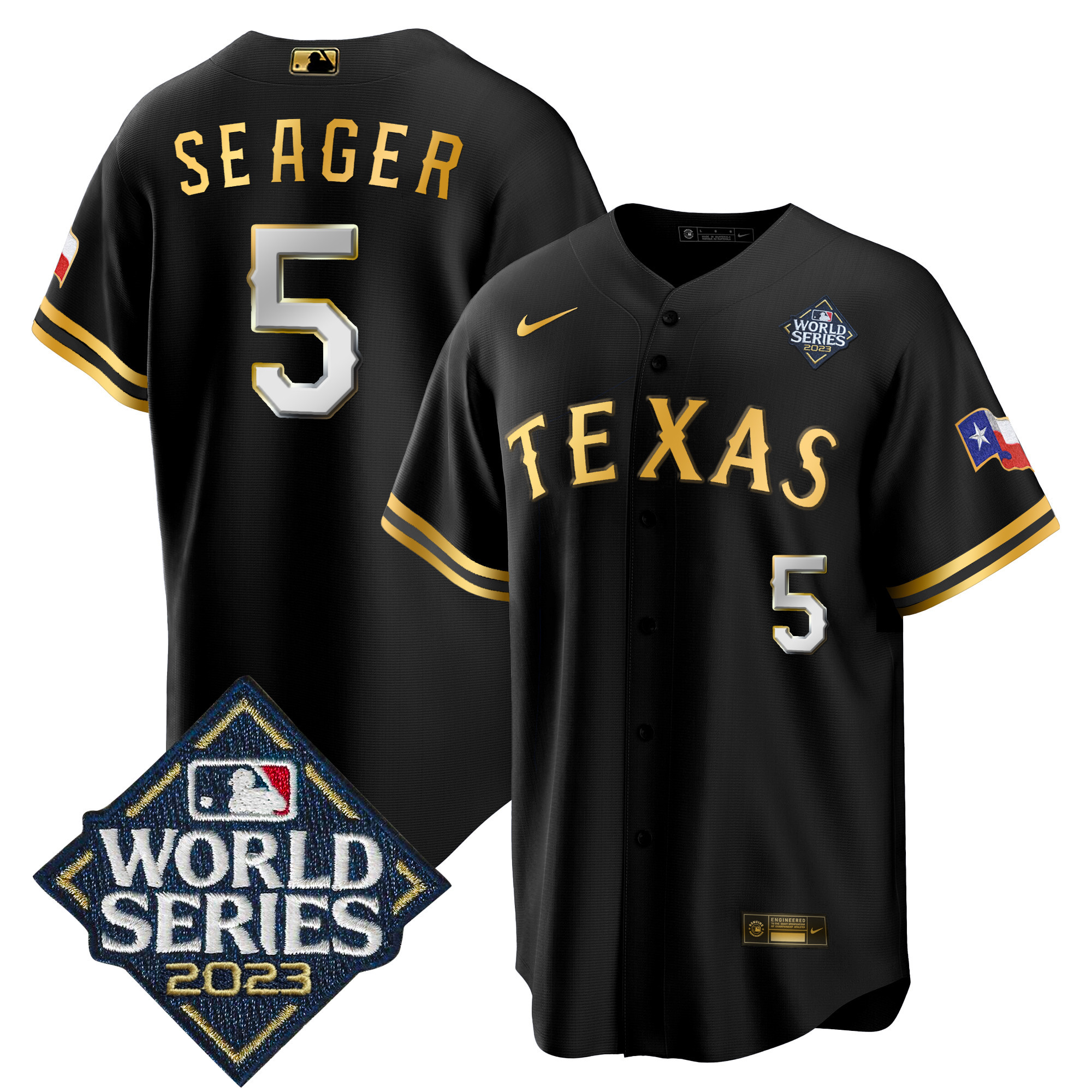 Corey Seager Men's Texas Rangers 2023 World Series Cool Base V2 Black Gold Jersey - All Stitched