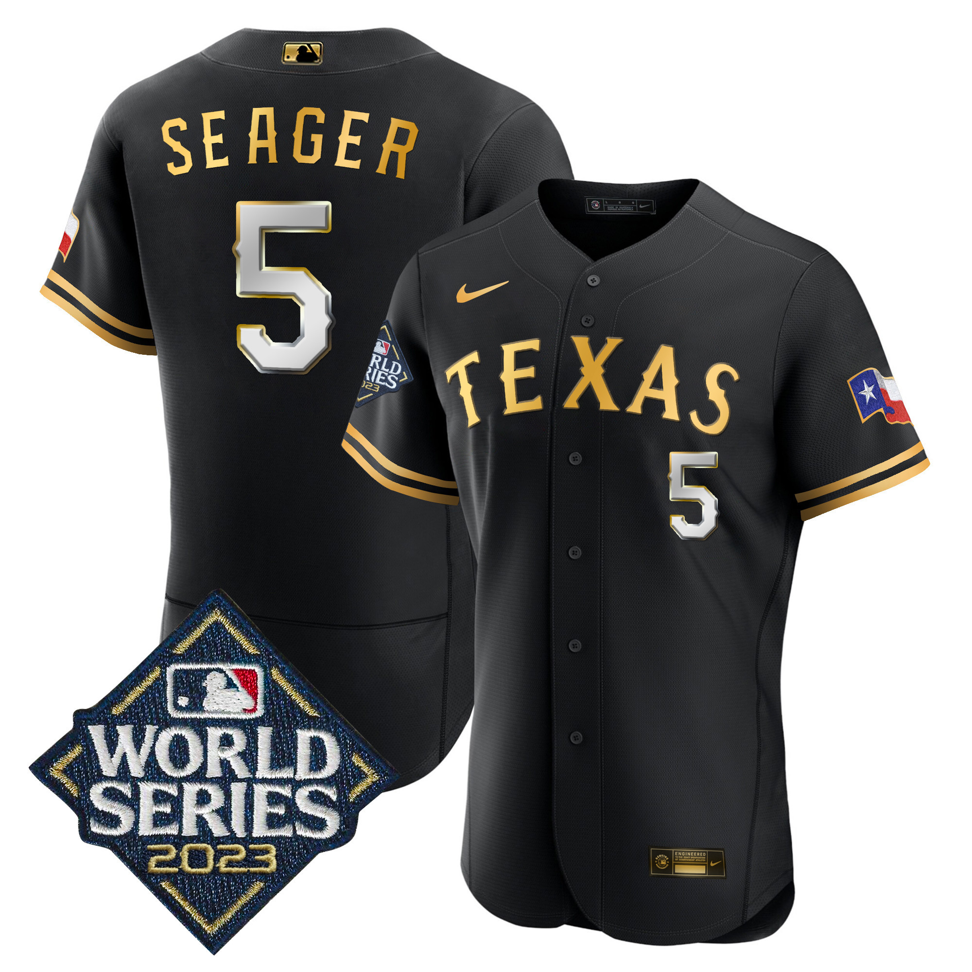 Corey Seager Men's Texas Rangers 2023 World Series Flex Base Black Gold Jersey - All Stitched