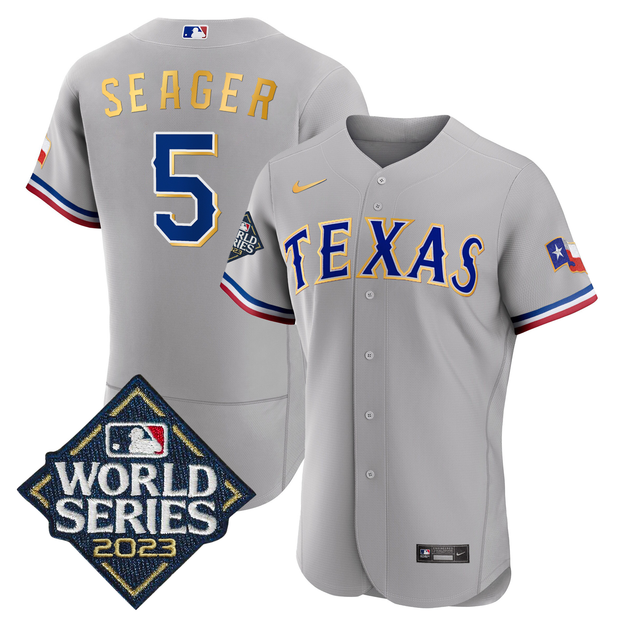 Corey Seager Men's Texas Rangers 2023 World Series Flex Base Gold Trim Gray Jersey - All Stitched