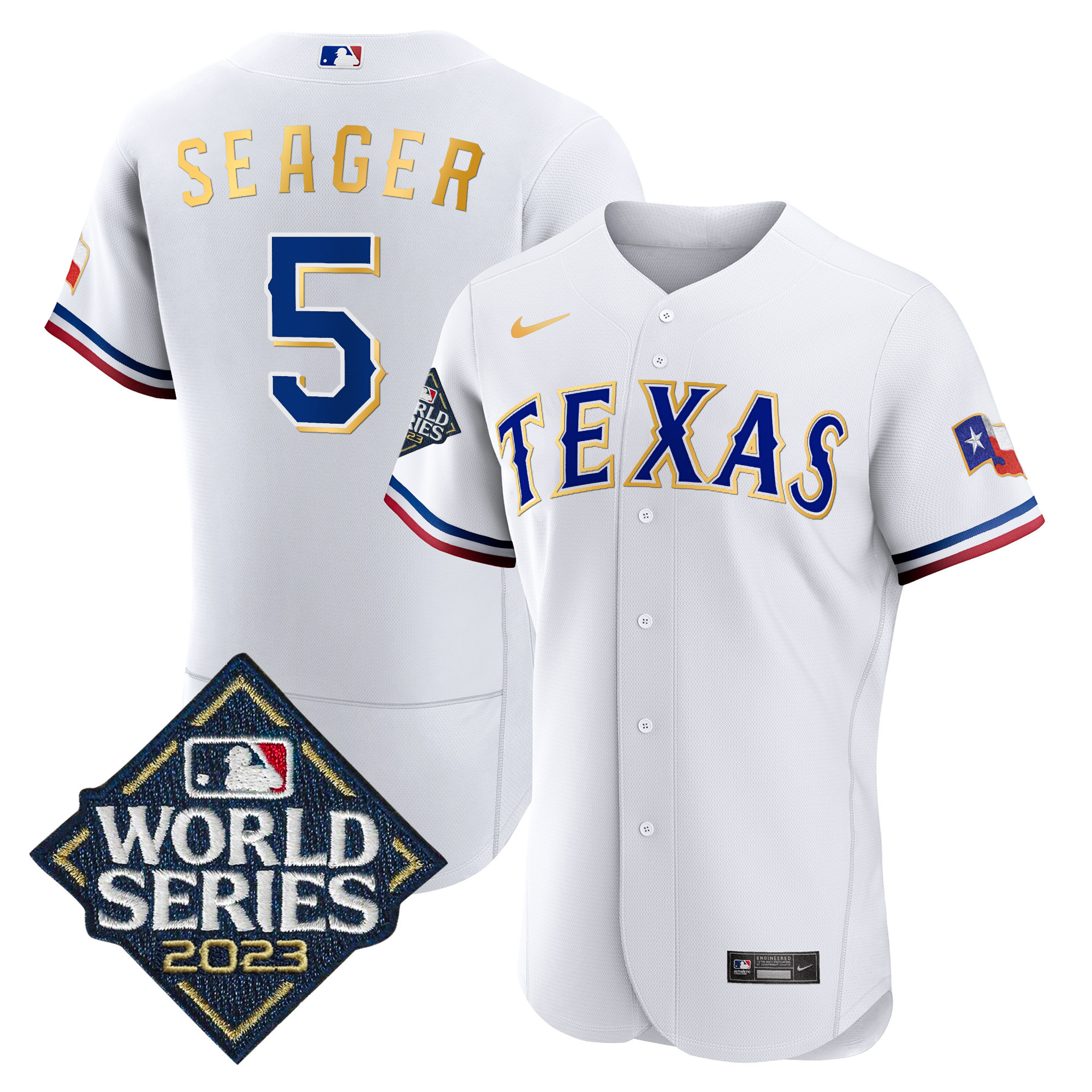 Corey Seager Men's Texas Rangers 2023 World Series Flex Base Gold Trim White Jersey - All Stitched