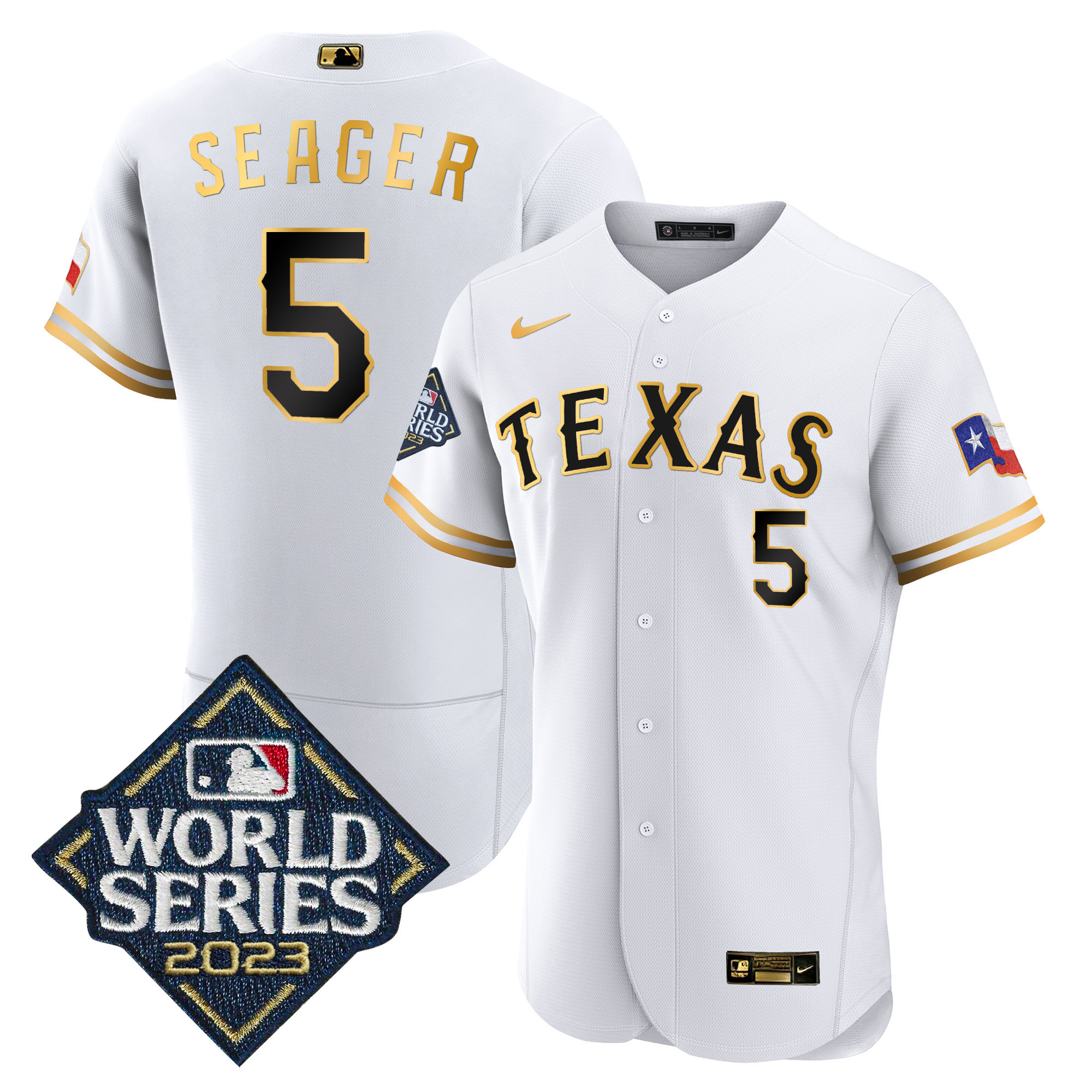 Corey Seager Men's Texas Rangers 2023 World Series Flex Base White Gold Jersey - All Stitched