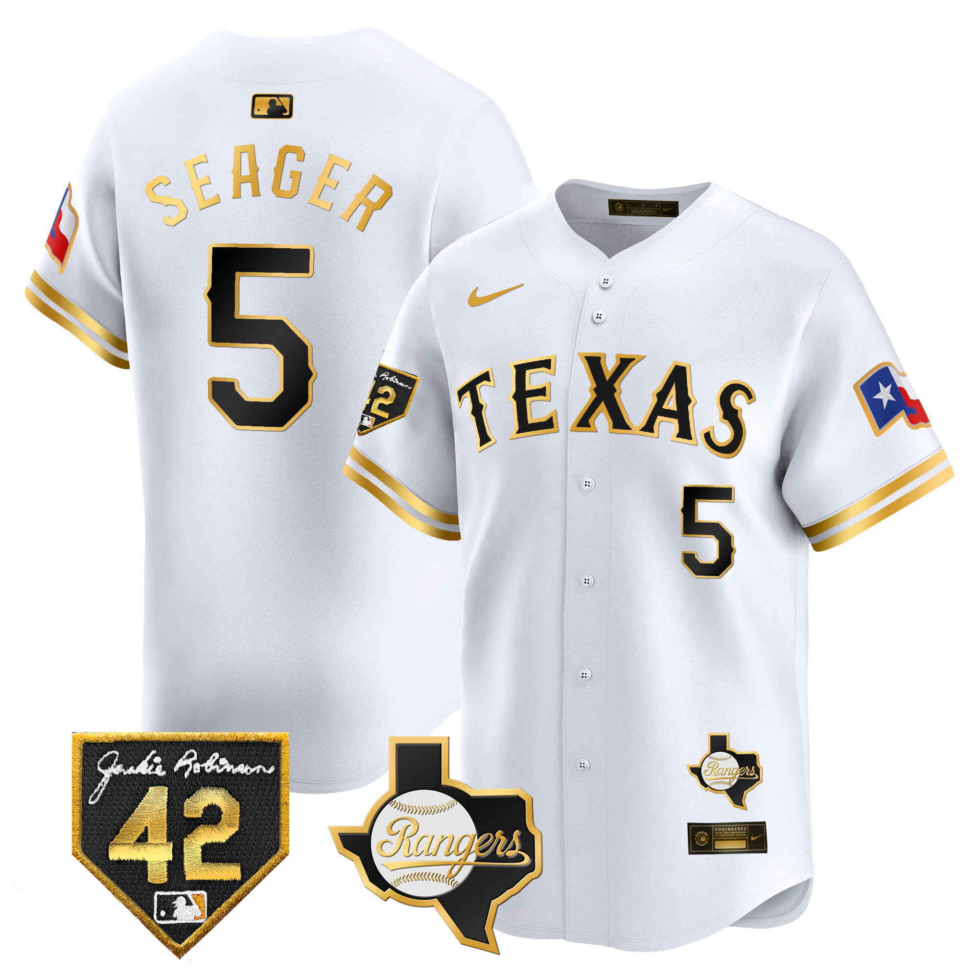 Corey Seager Men's Texas Rangers 2024 Jackie Robinson Patch Vapor Premier Limited White Gold Jersey - All Stitched