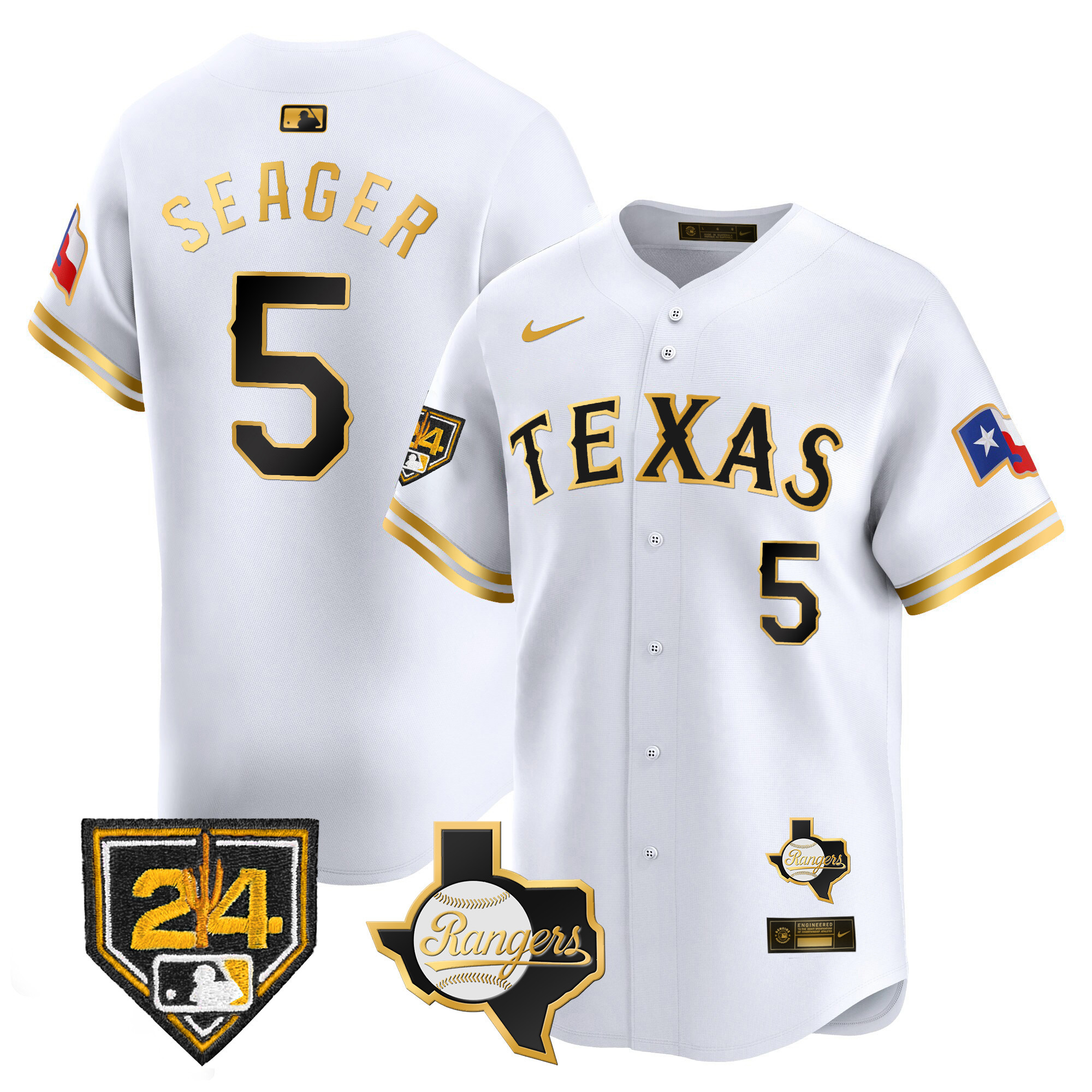 Corey Seager Men's Texas Rangers 2024 Spring Training Patch Vapor Premier Limited White Gold Jersey - All Stitched